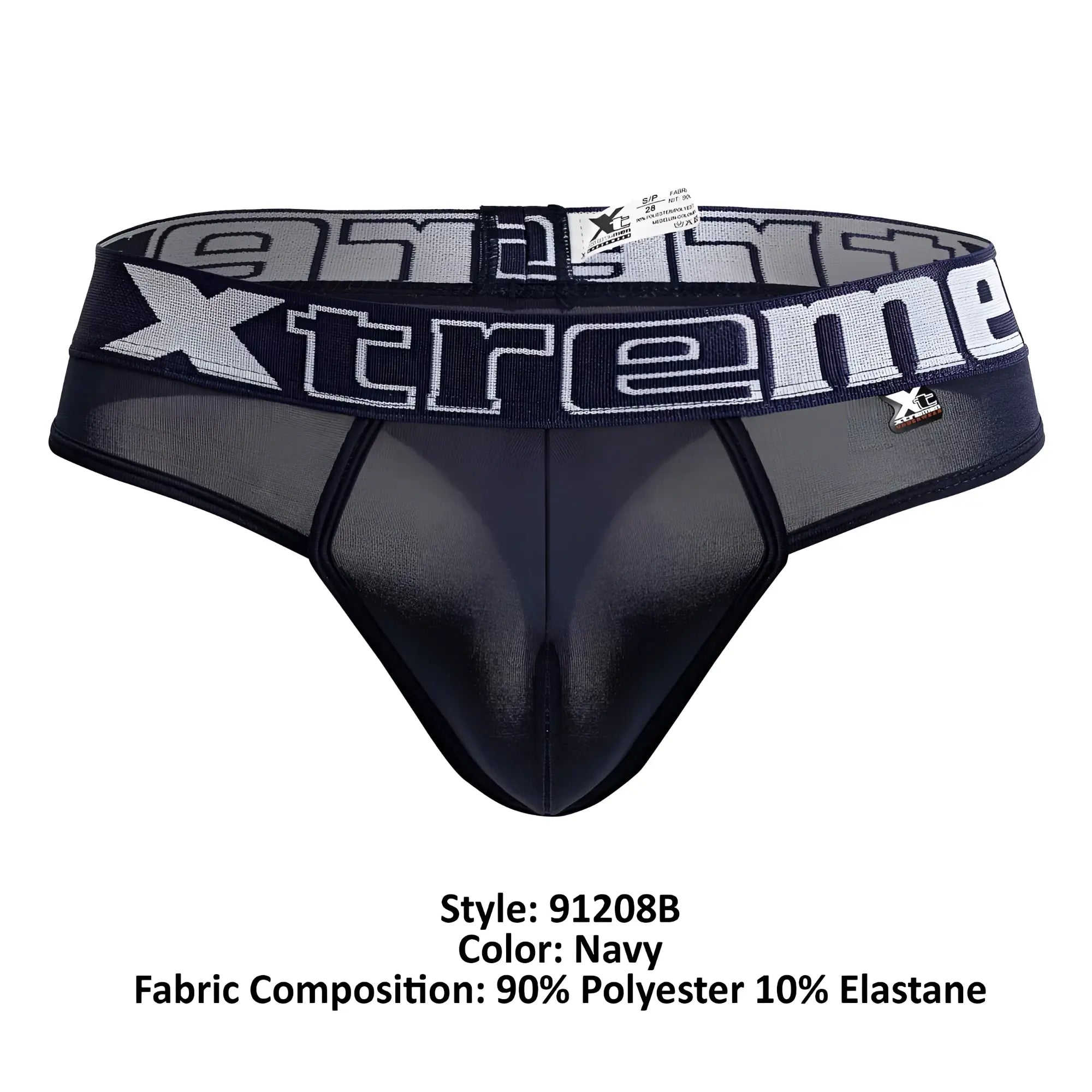 Navy xtremen 91208B microfiber men’s thong with mesh front and elastic waistband featuring silver xtreme logo