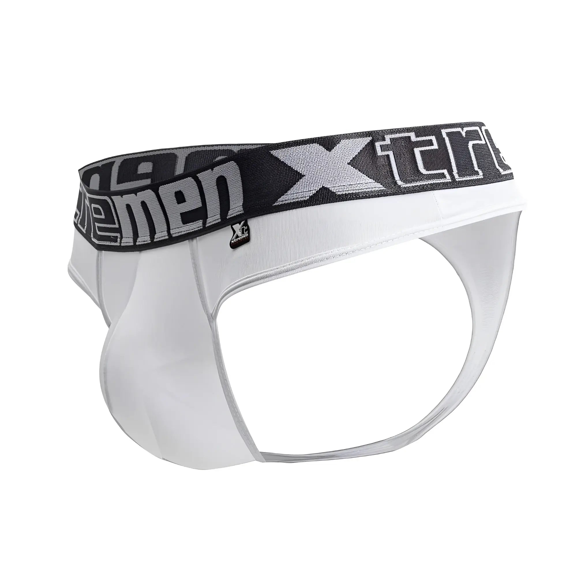 White xtremen 91208b microfiber thong with black elastic waistband and gray xtreme branding in front view