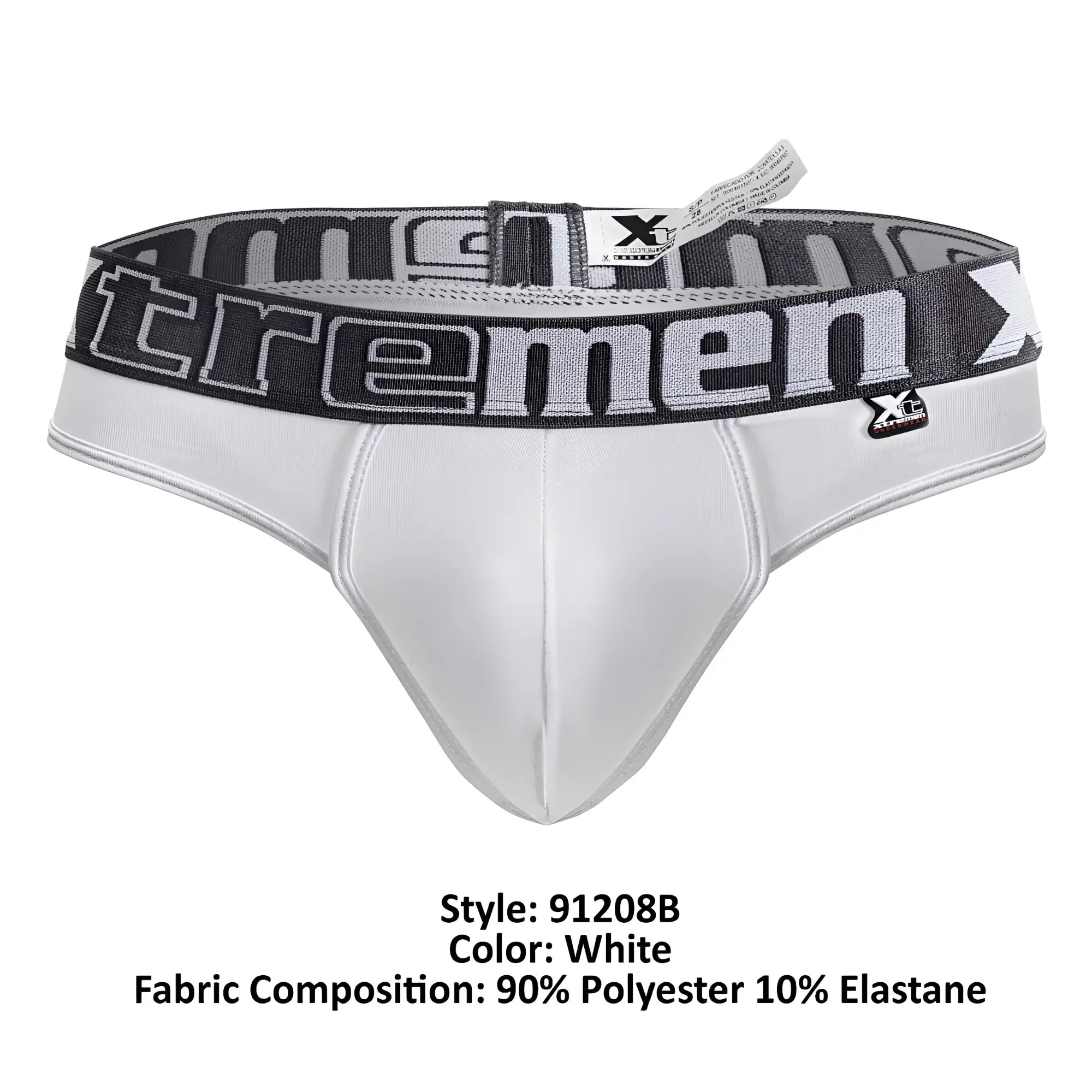 White xtremen 91208b microfiber thongs with black and gray elastic waistband featuring xtremen logo in bold lettering