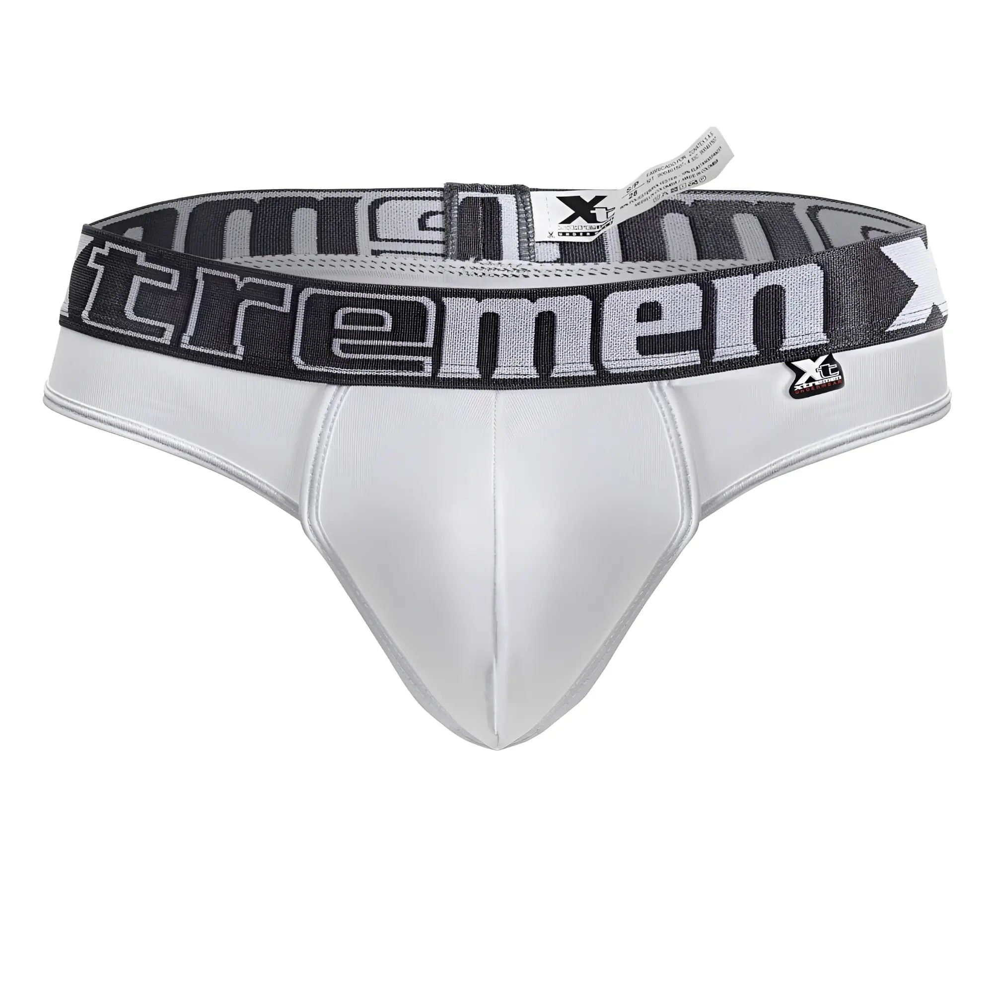 White xtremen 91208b microfiber thongs with gray and black elastic waistband featuring bold xtremen logo