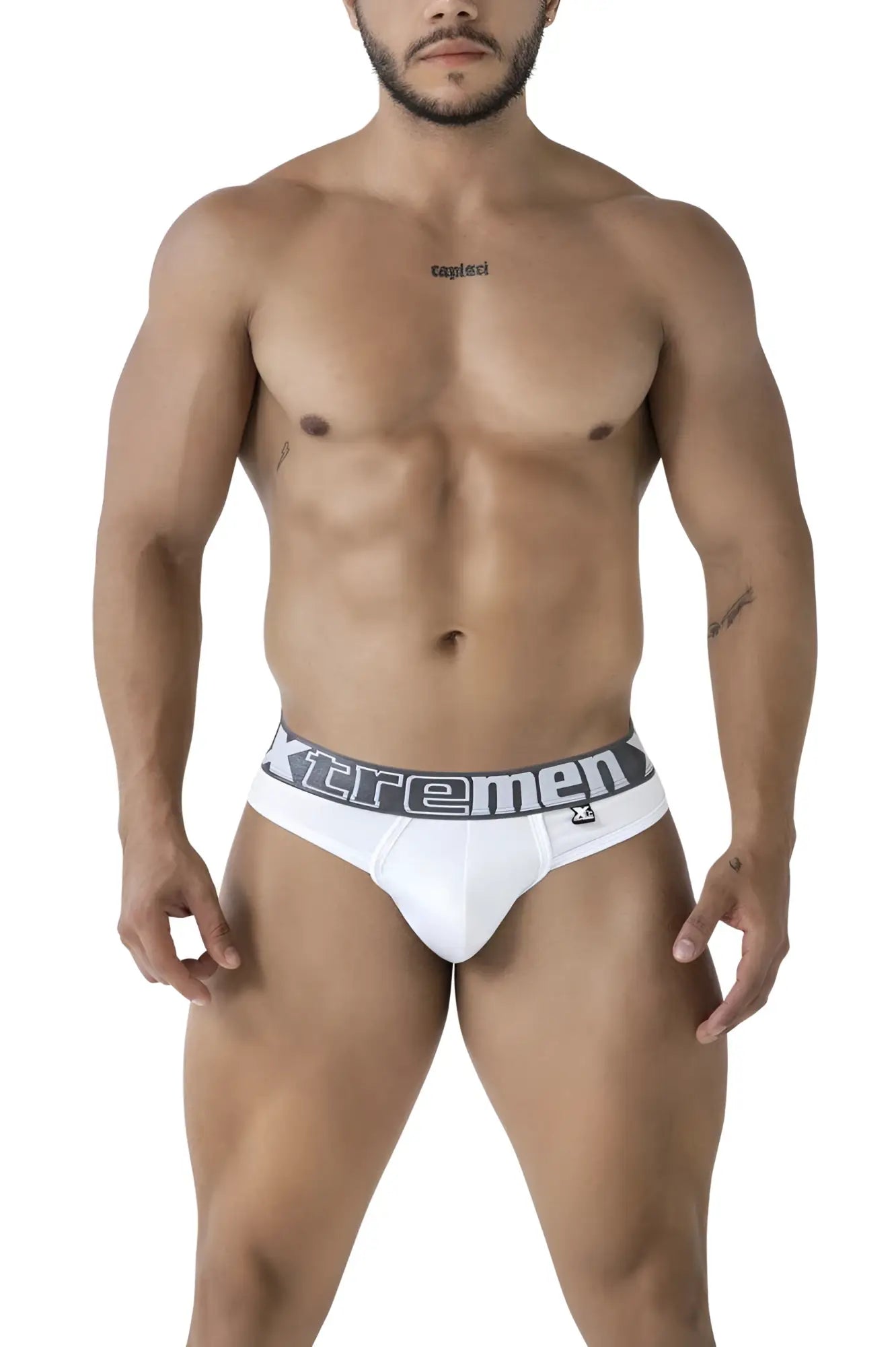 White men’s microfiber briefs with gray elastic waistband featuring the xtremen logo in black lettering