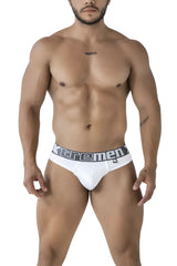 White men’s microfiber briefs with gray elastic waistband featuring the xtremen logo in black lettering