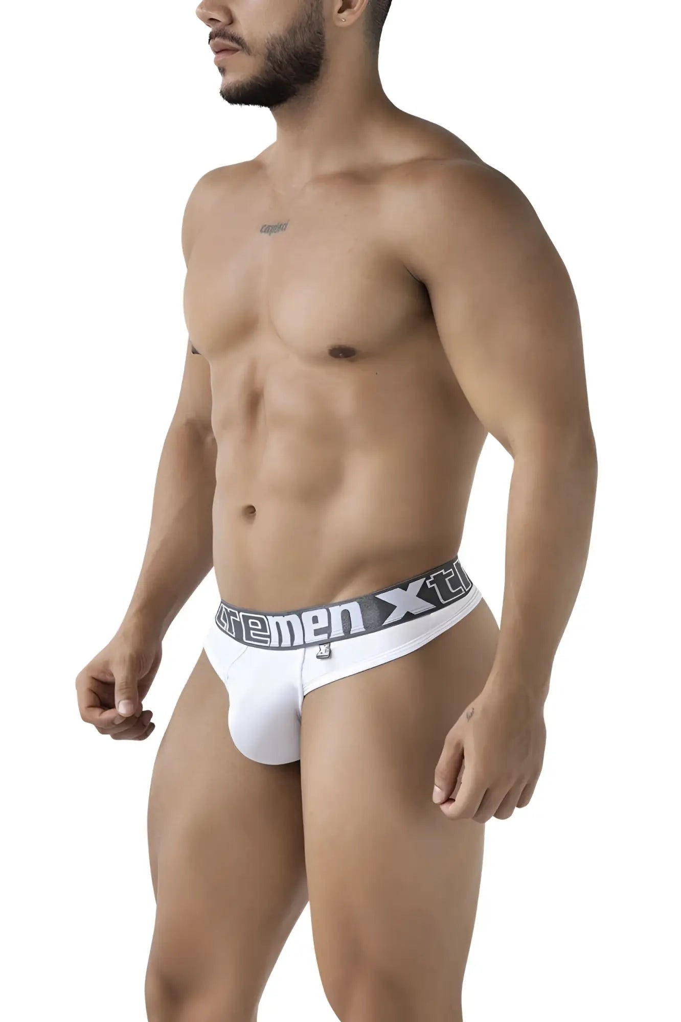 White xtremen 91208b microfiber men’s briefs with gray waistband and xtreme brand logo in front view