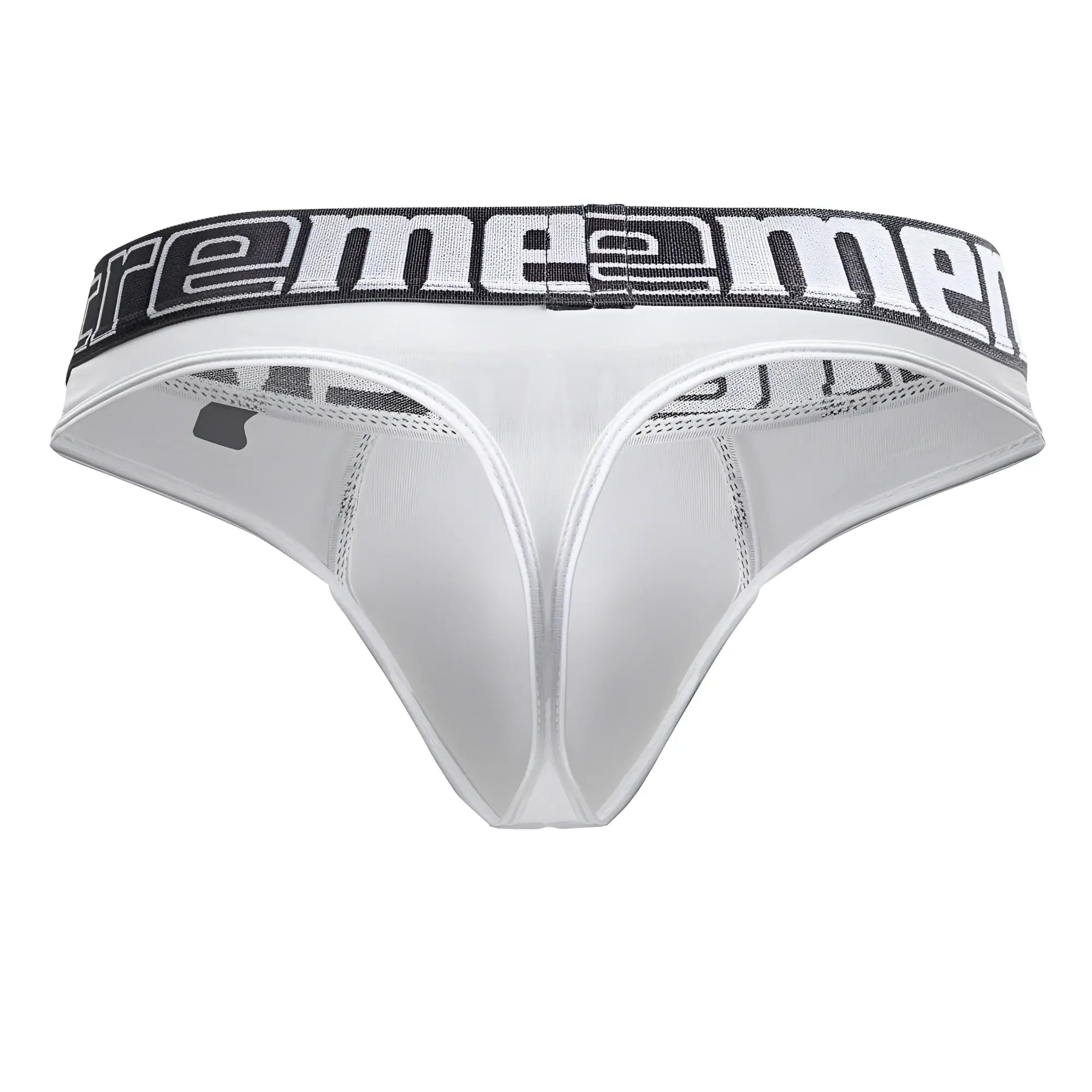 White xtremen 91208b microfiber men’s thong with black and white extreme men waistband shown from back view