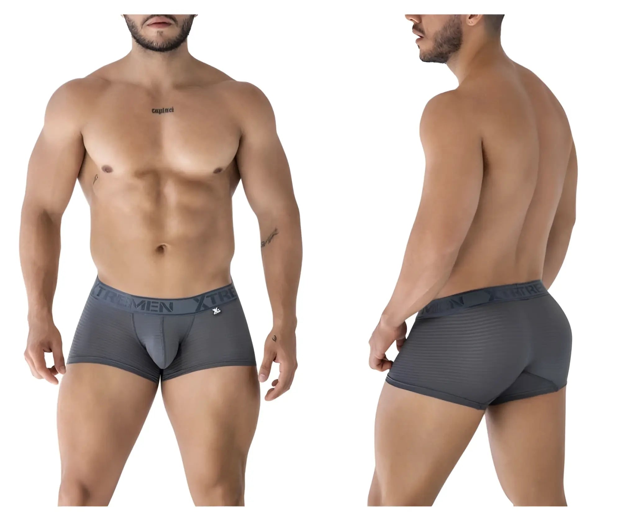 Gray xtremen 91209b microfiber men’s boxer briefs with textured waistband featuring the men xtr branding and front logo