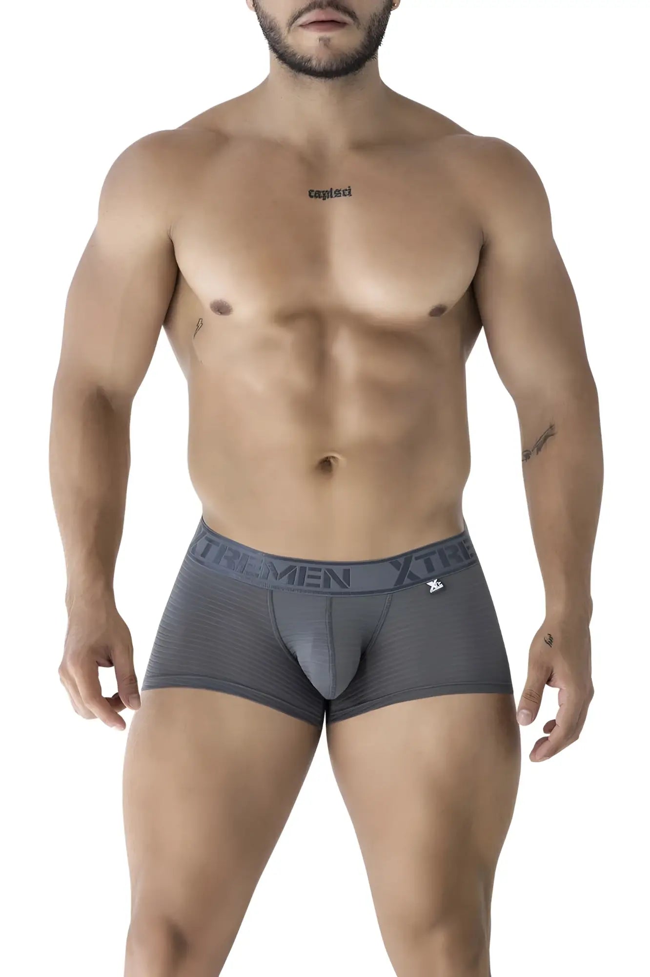 Gray xtremen 91209b microfiber men’s briefs with textured fabric and the men branding on the waistband