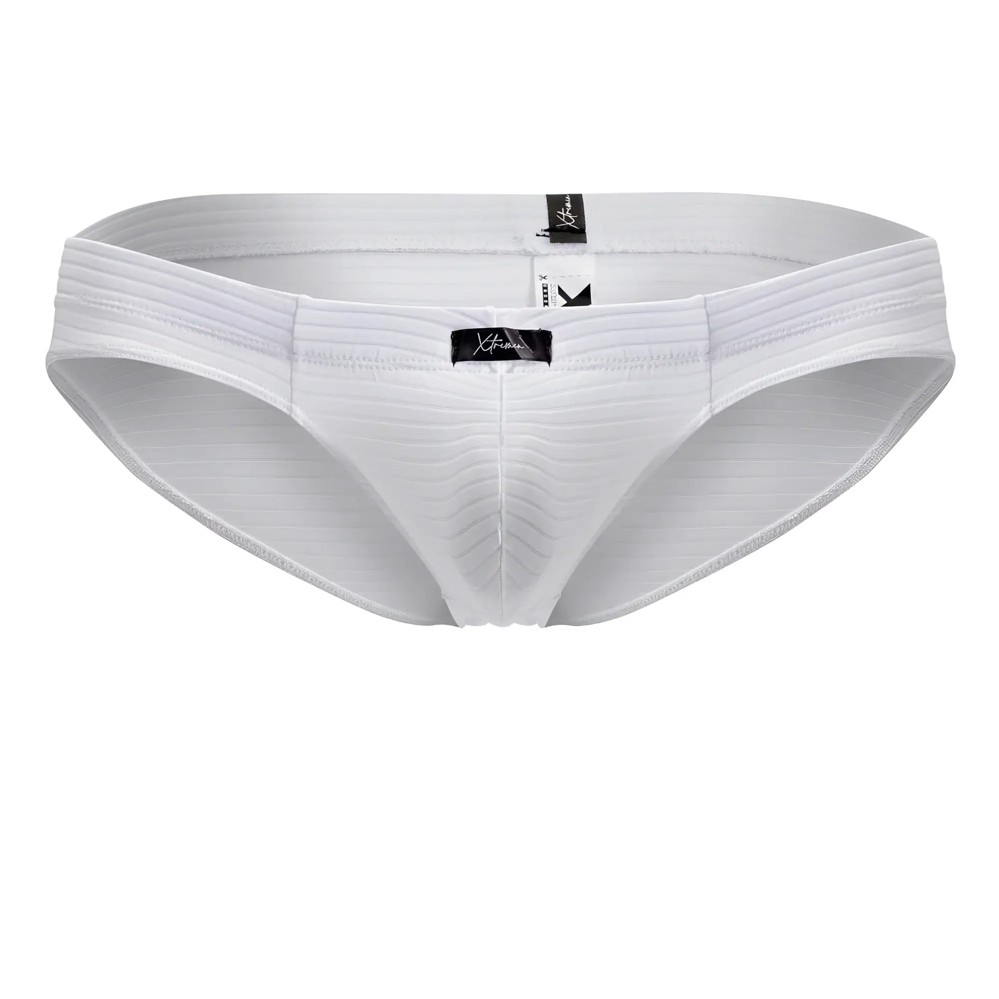 White Xtremen 91210B microfiber briefs with ribbed cotton texture, sleek contoured design, and black brand tags