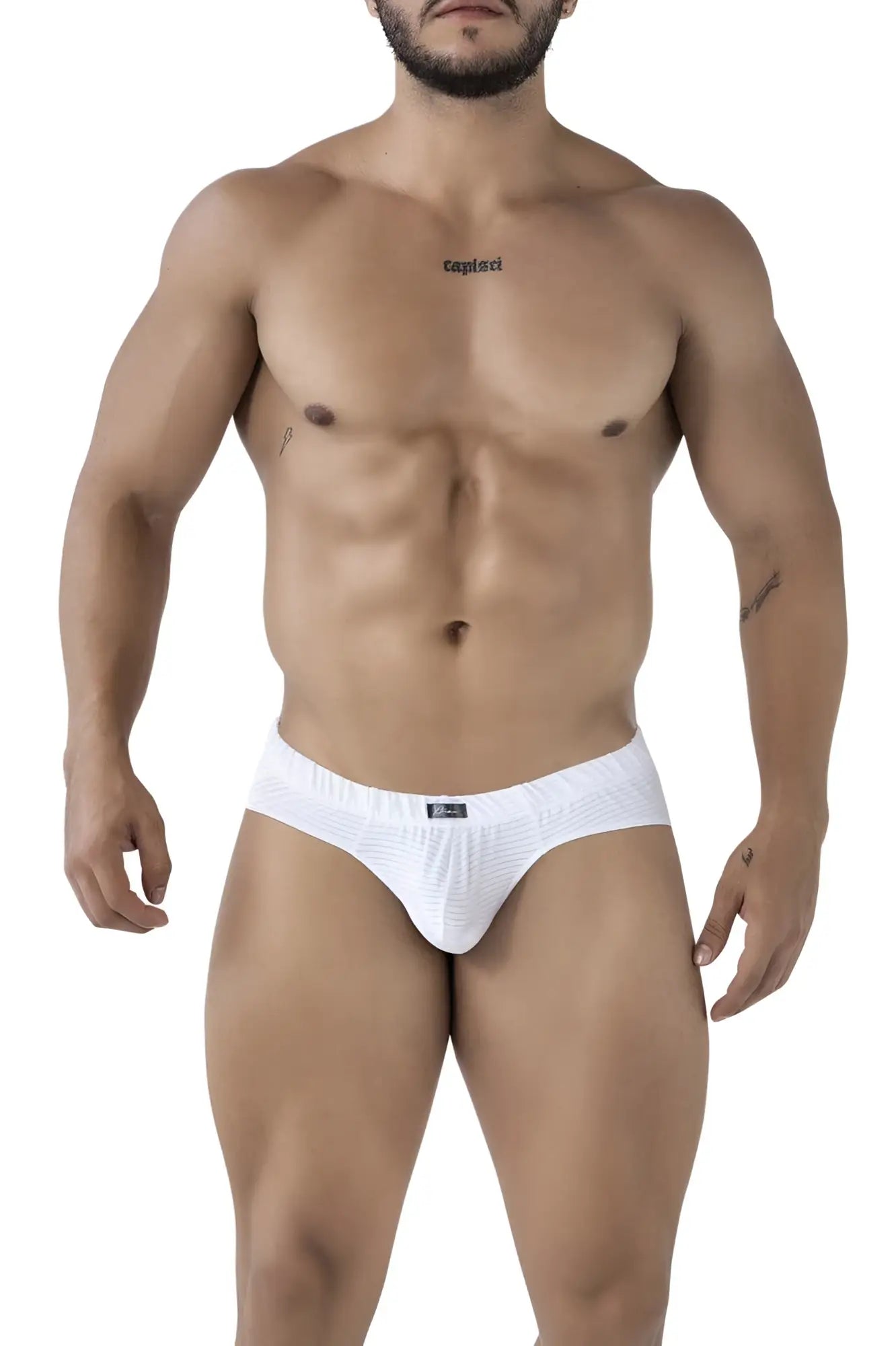 White Xtremen 91210B microfiber briefs with a subtle textured pattern and small brand logo on the waistband