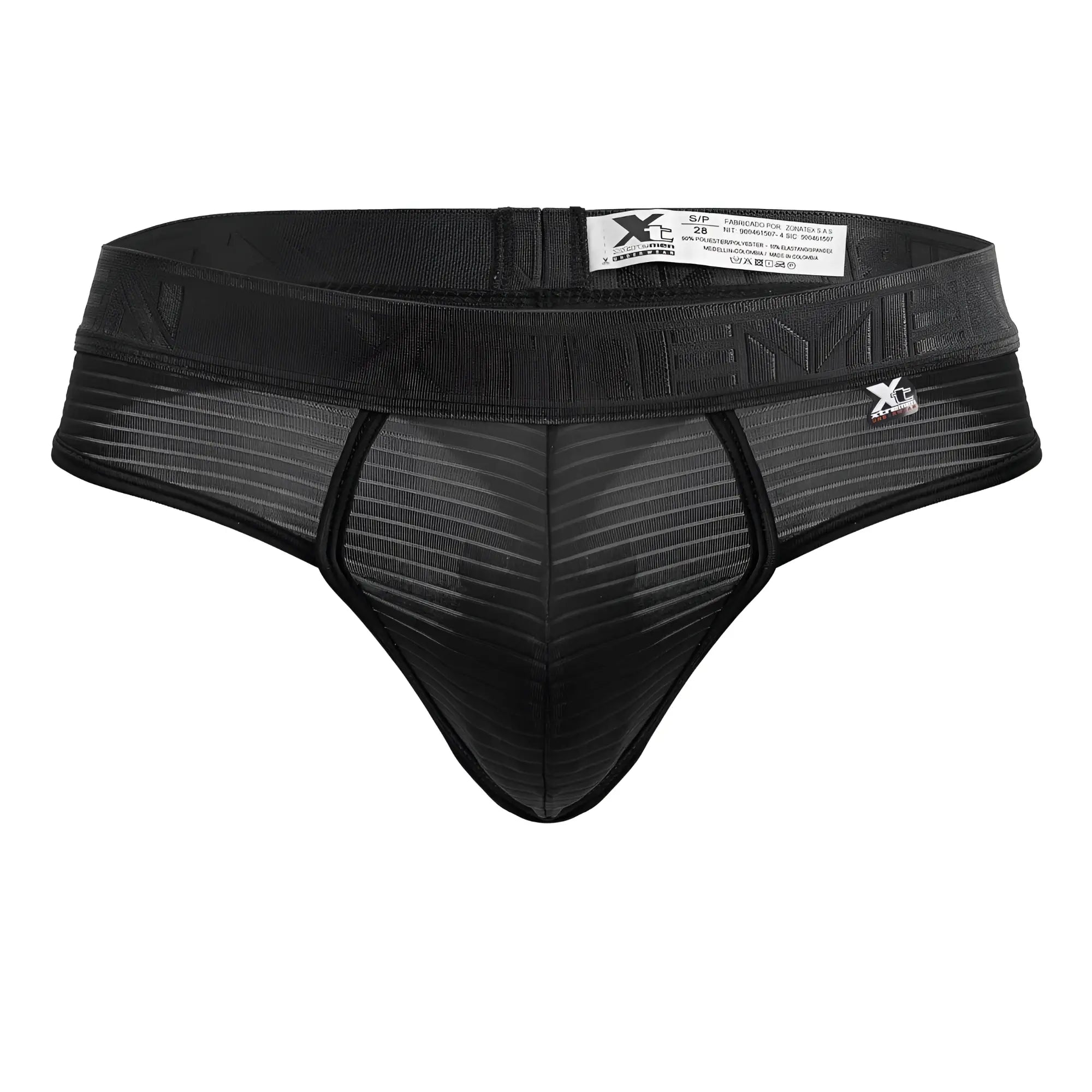 Black xtremen 91211b microfiber thong with ribbed mesh texture and elastic waistband featuring xc logo