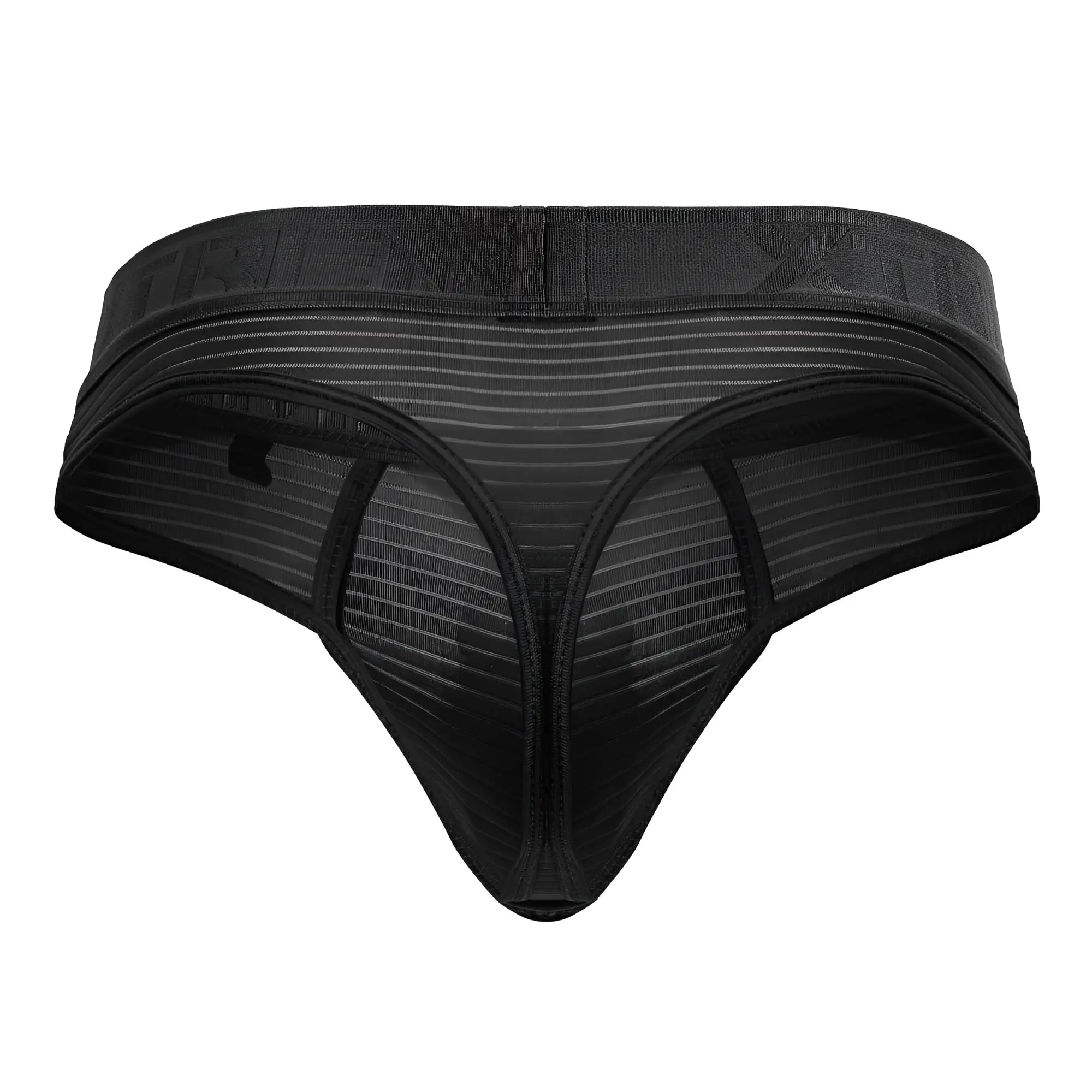 Black xtremen 91211b microfiber thong with a striped mesh pattern and elastic waistband shown from the back