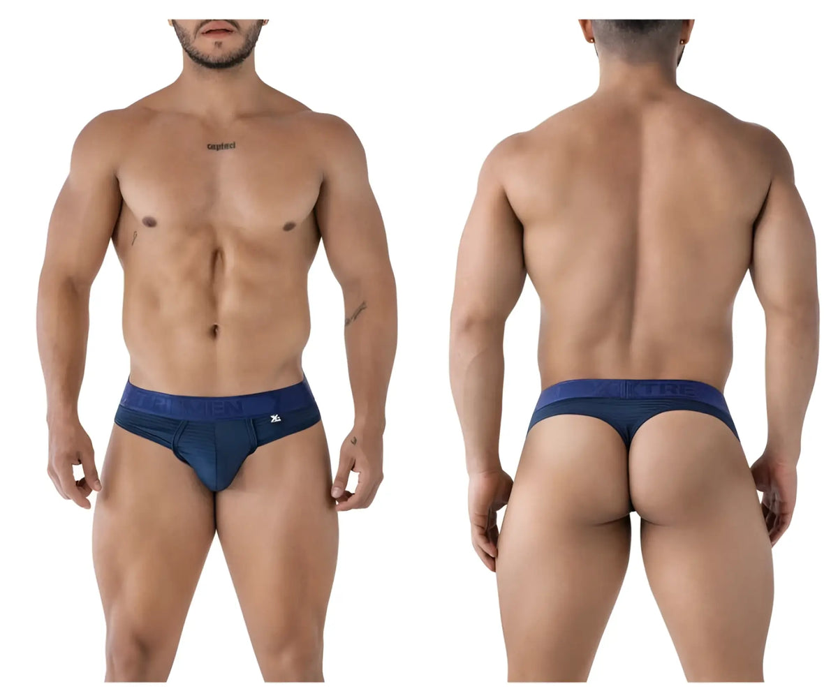 Navy xtremen 91211b microfiber thongs for men with subtle textured fabric and branded waistband visible from the back