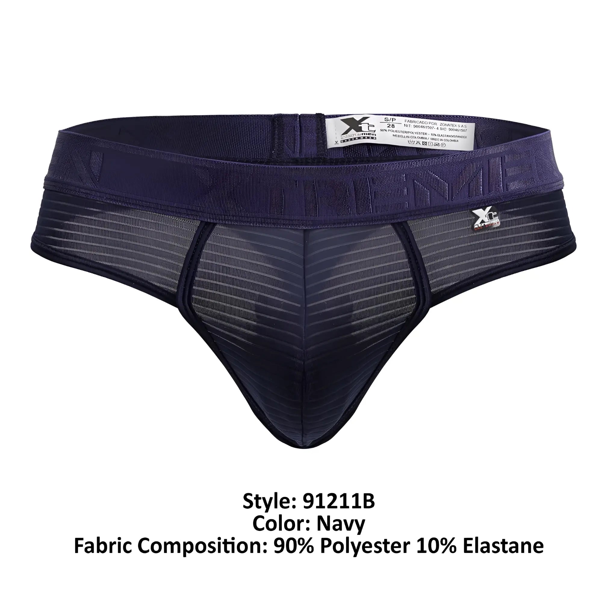 Navy microfiber men’s thong with mesh front panel and elastic waistband featuring xg brand logo on the side