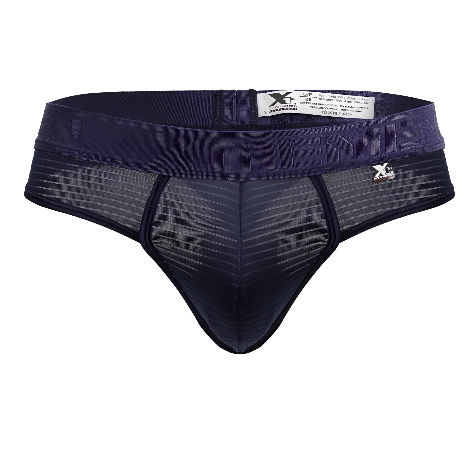 Dark navy blue xtremen 91211b microfiber thongs with mesh design and elastic waistband for men