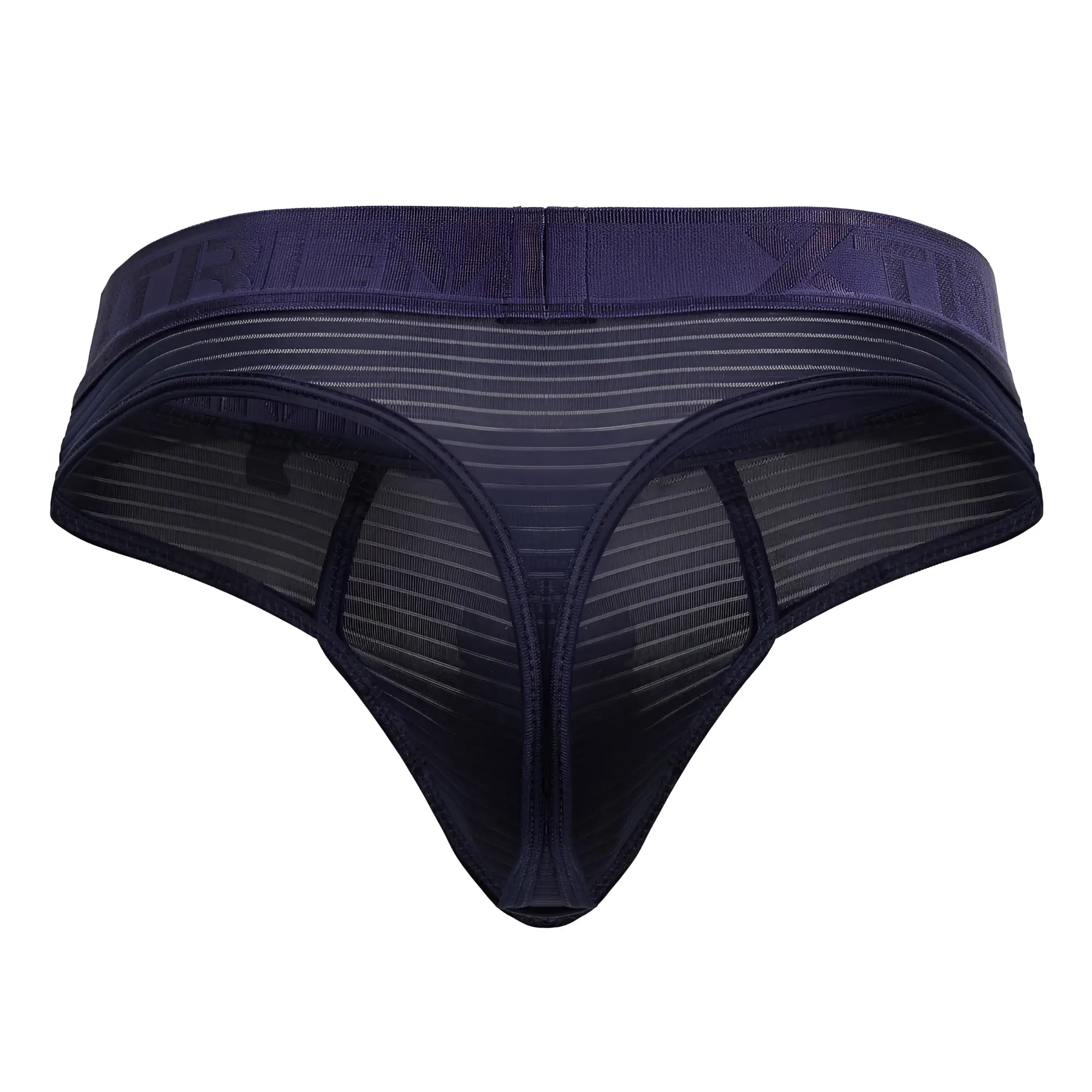 Dark blue navy xtremen 91211b microfiber thong with mesh fabric, solid waistband, and subtle vertical stripes