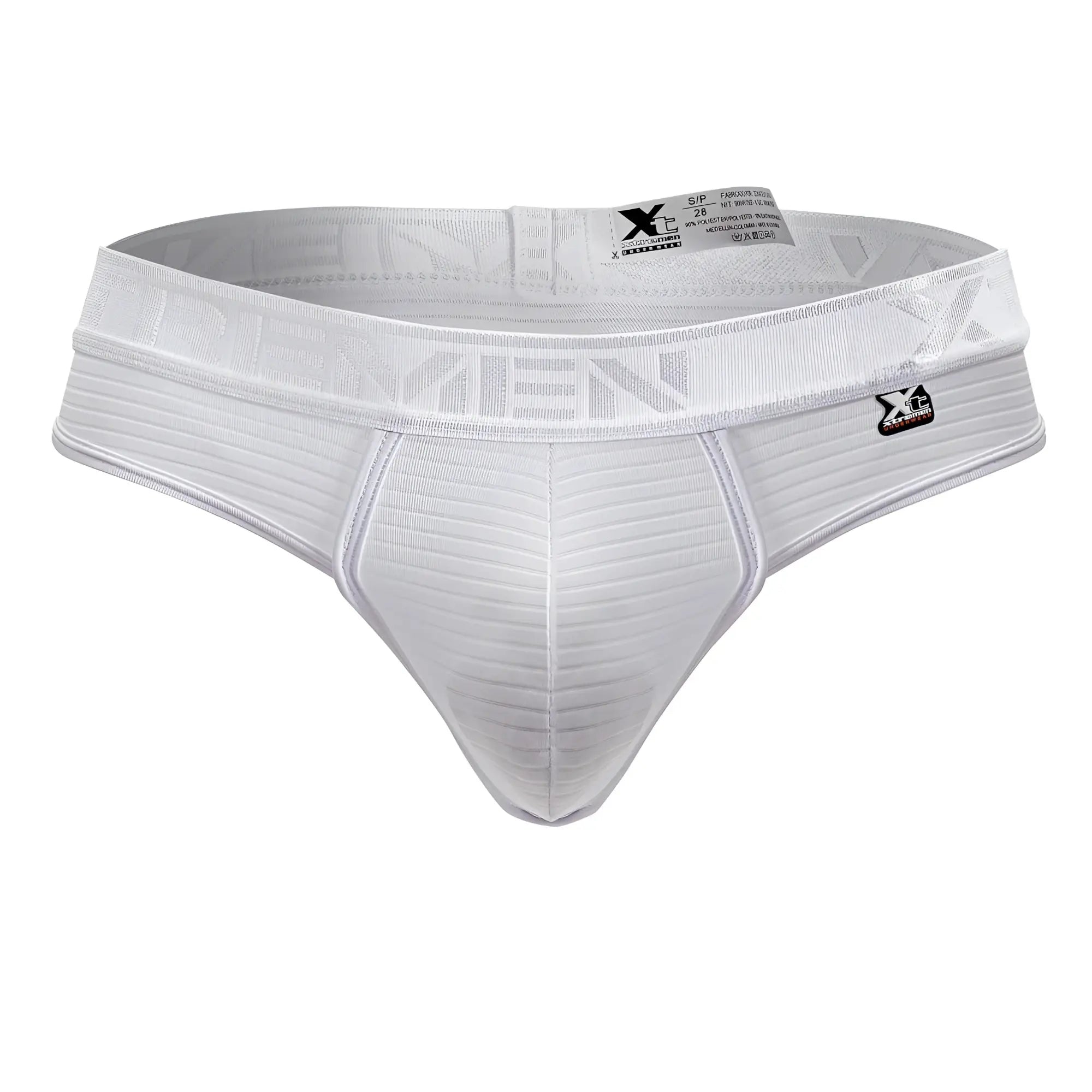 White xtremen 91211b microfiber thongs with ribbed texture and elastic waistband featuring brand logo