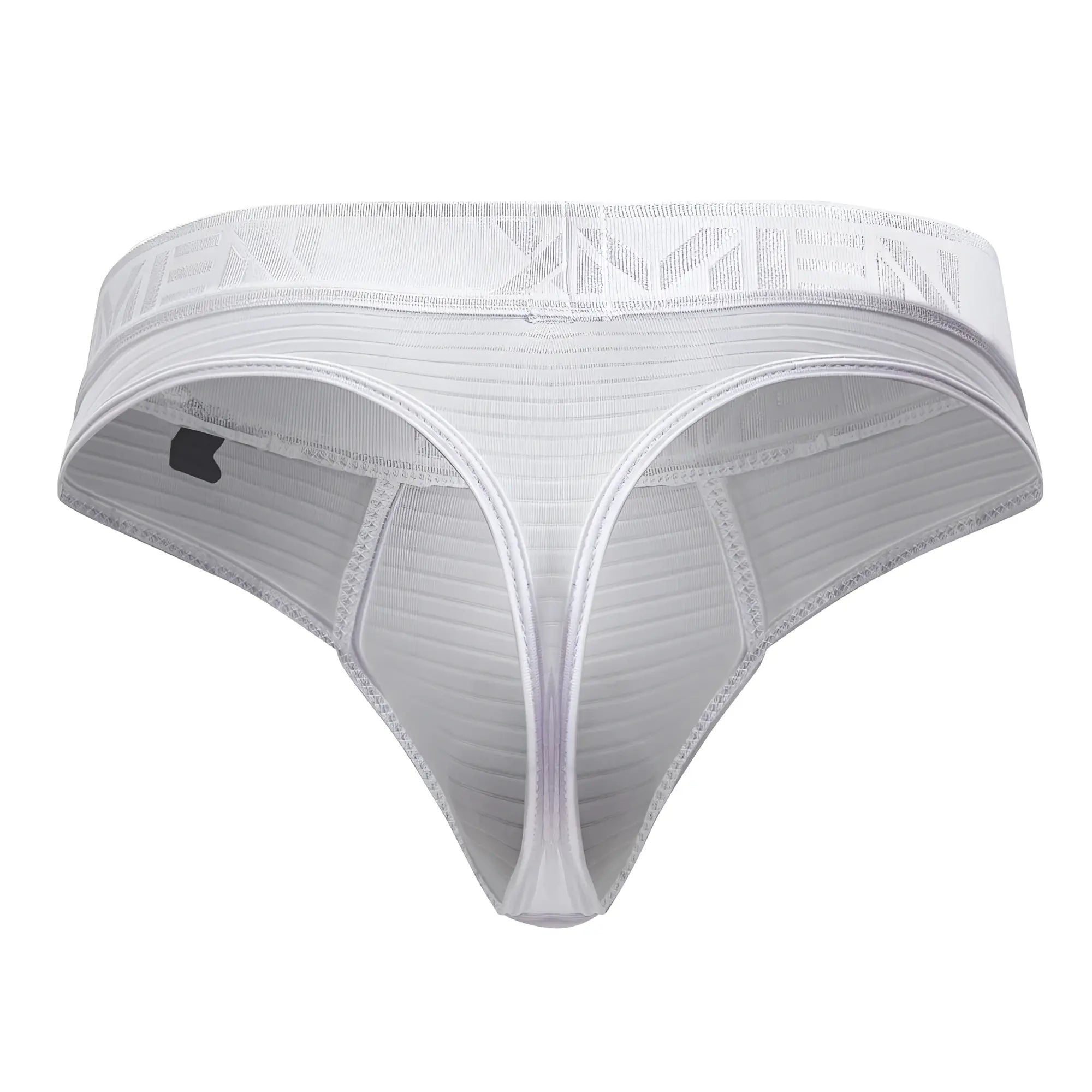 White Xtremen 91211B microfiber thong with ribbed mesh texture and elastic xmin logo waistband front view