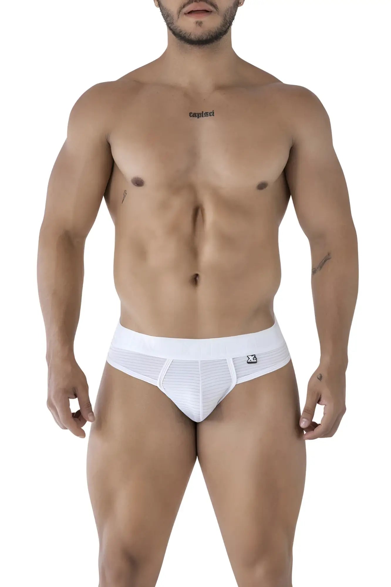 White xtremen 91211b microfiber briefs with a subtle ribbed texture and small logo on the waistband