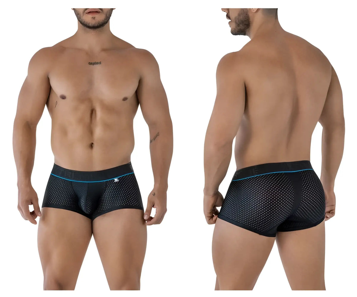 Black xtremen 91212b microfiber trunks with blue trim mesh briefs and brand logo on the waistband