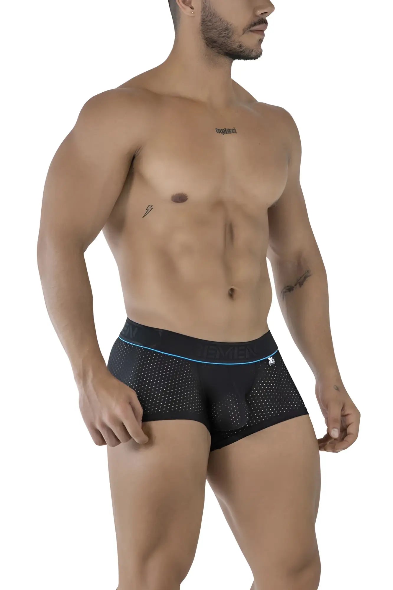 Black xtremen 91212b microfiber trunks with blue trim and tempo brand waistband in mesh boxer brief style