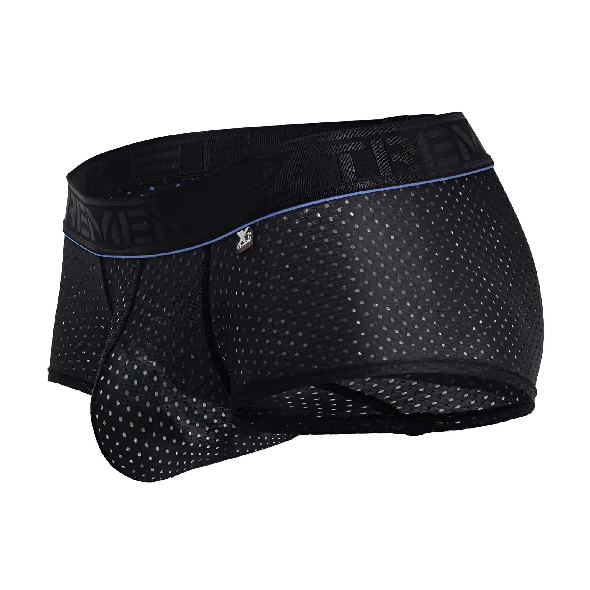 Xtremen 91212B microfiber black trunks with black mesh briefs featuring subtle blue waistband trim and embossed branding