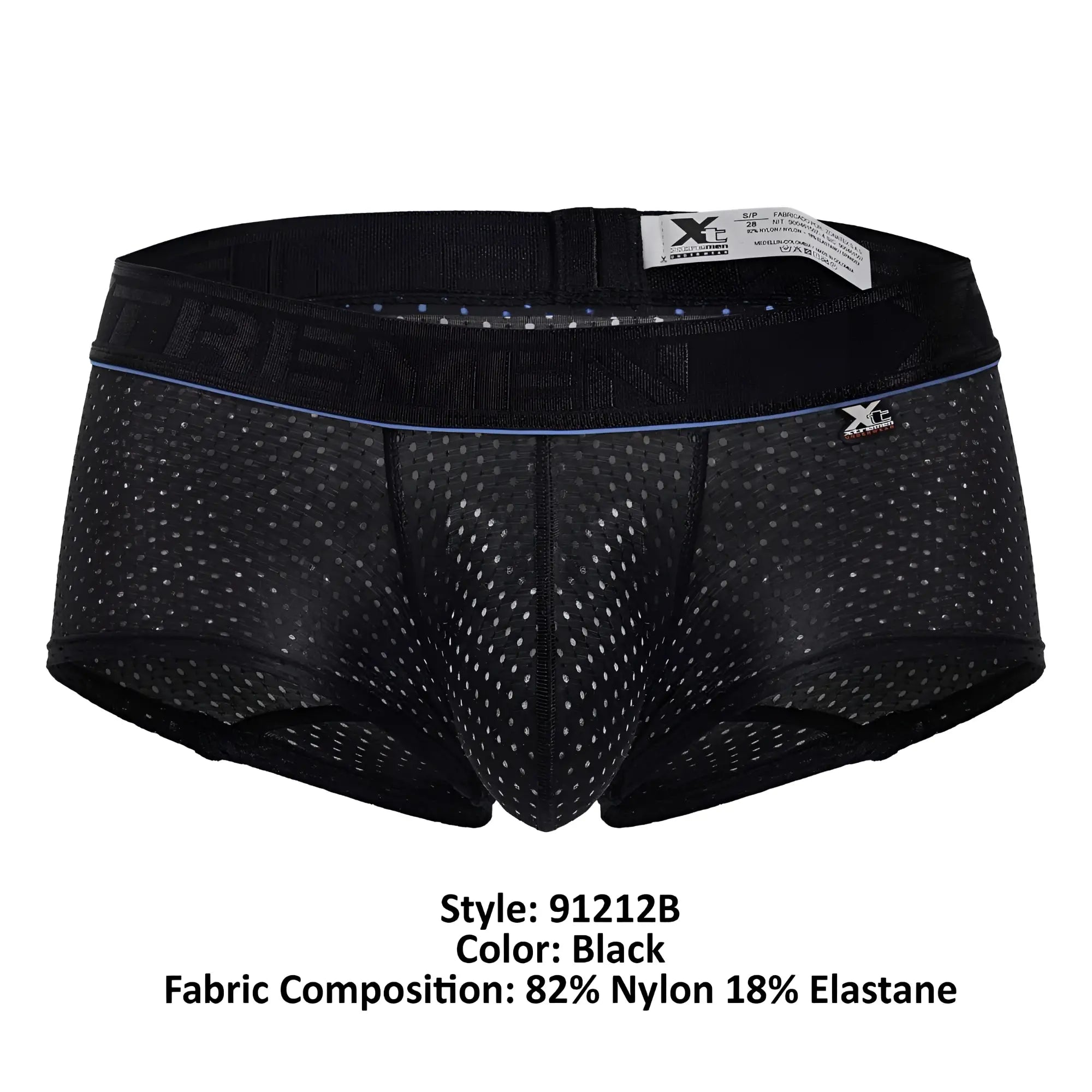 Black mesh microfiber briefs with subtle blue trim on waistband and small x logo on side xtremen 91212b trunks