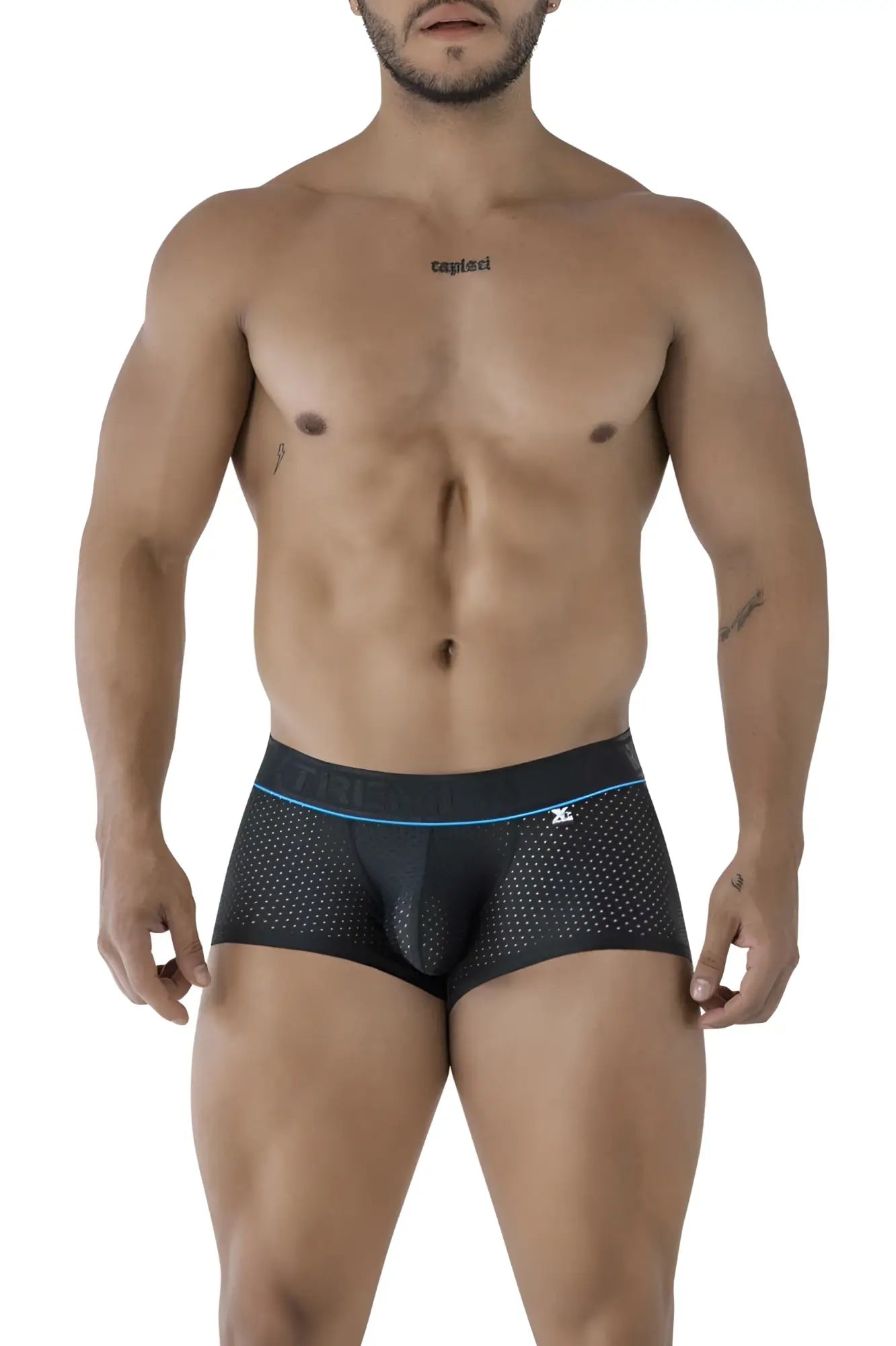 Black perforated microfiber briefs with blue trim and tapis waistband from xtremen 91212b trunks collection