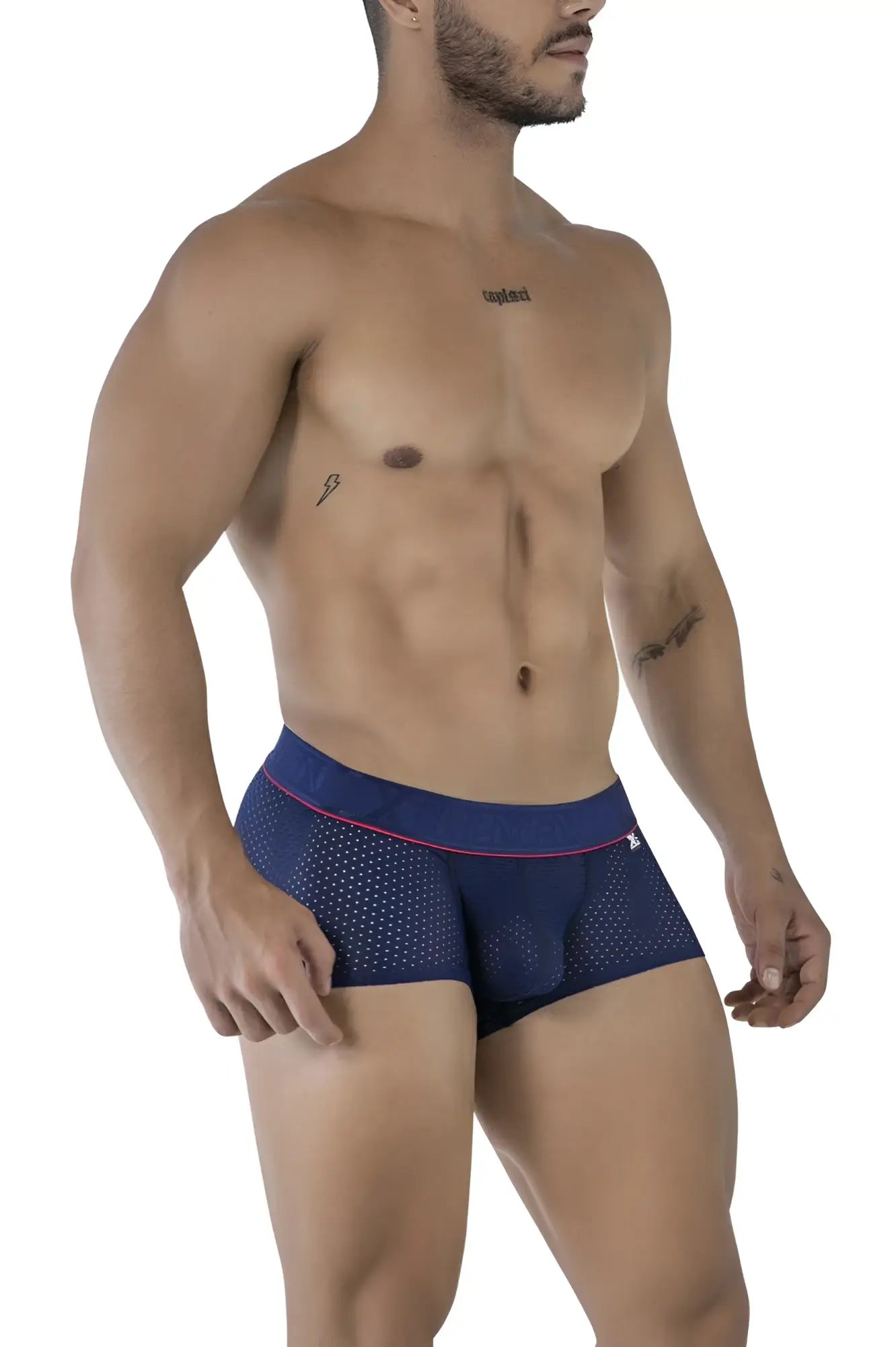 Navy blue mesh microfiber briefs with pink trim and white logo on waistband Xtremen 91212B trunks front view