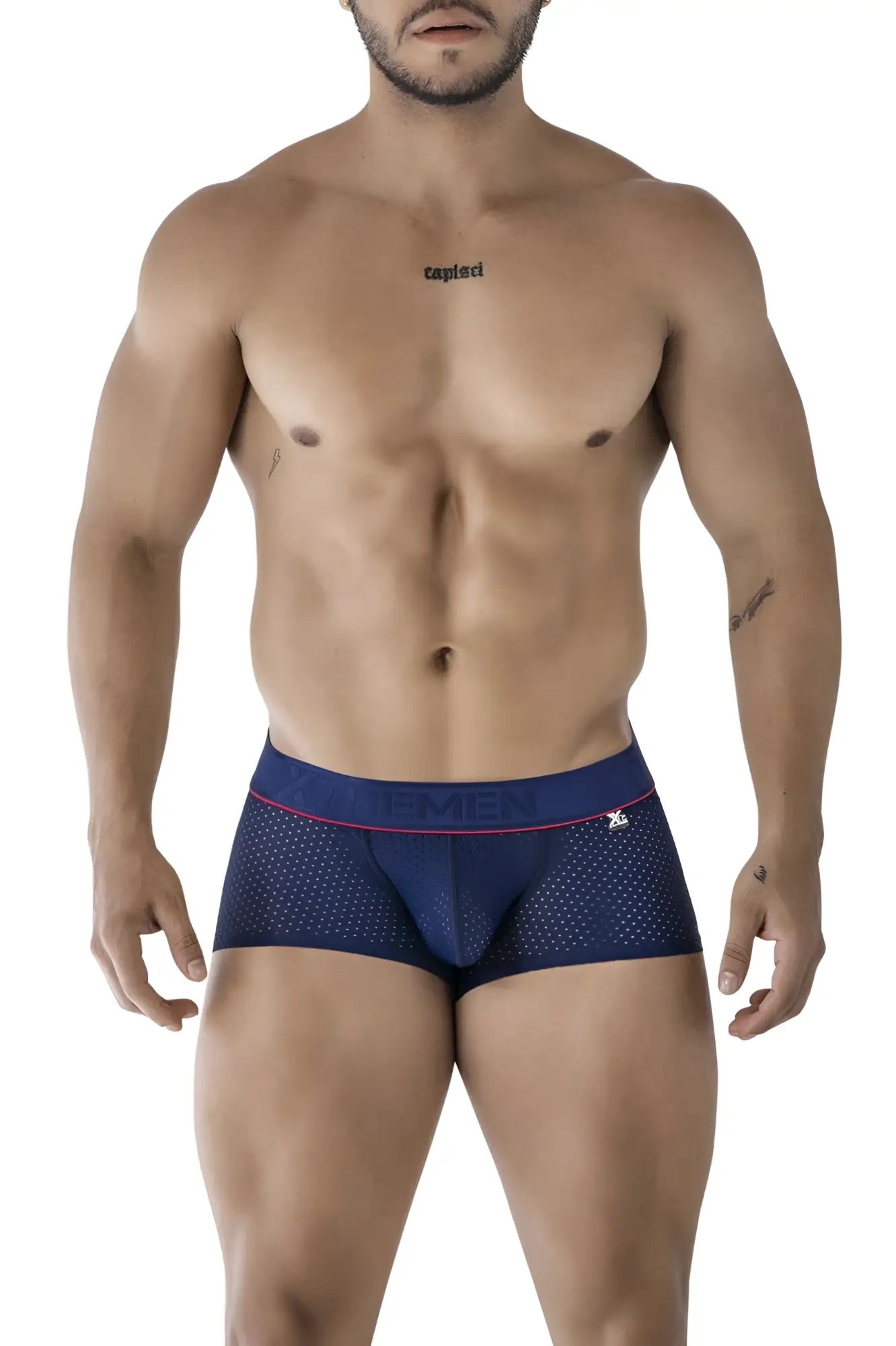 Navy blue mesh microfiber briefs with pink trim and capri waistband for comfortable everyday wear