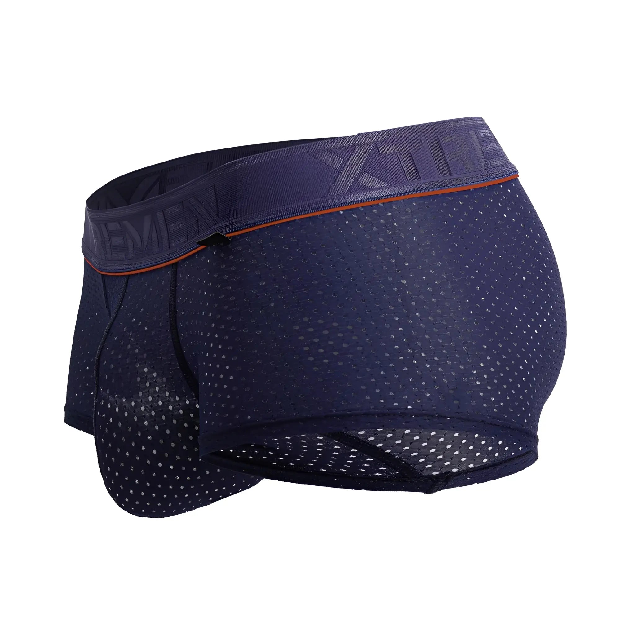 Dark blue xtremen 91212b microfiber trunks with mesh fabric and matching elastic waistband with orange trim and branding