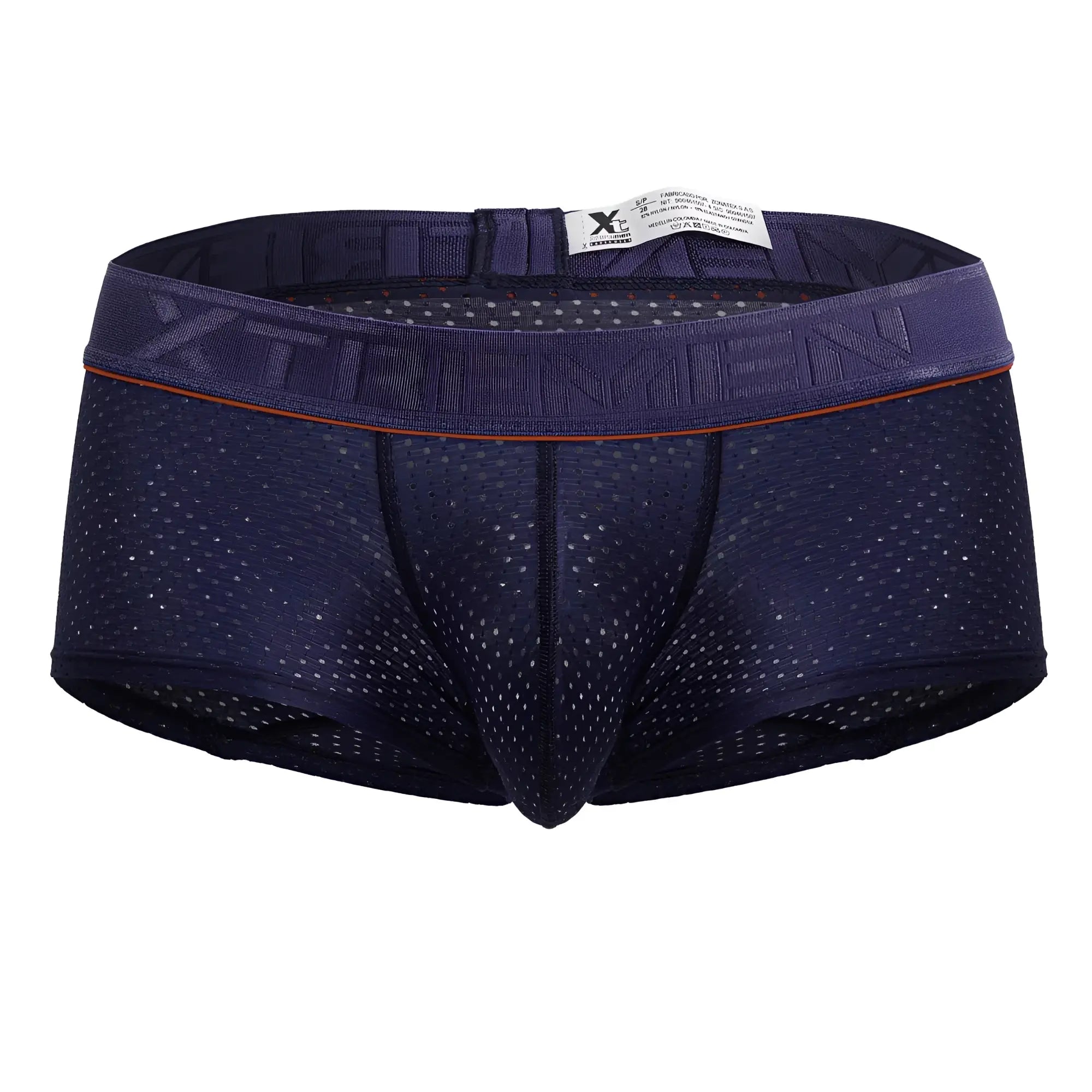 Dark blue mesh microfiber briefs with orange trimmed waistband embossed with xtreme in navy xtremen 91212b trunks