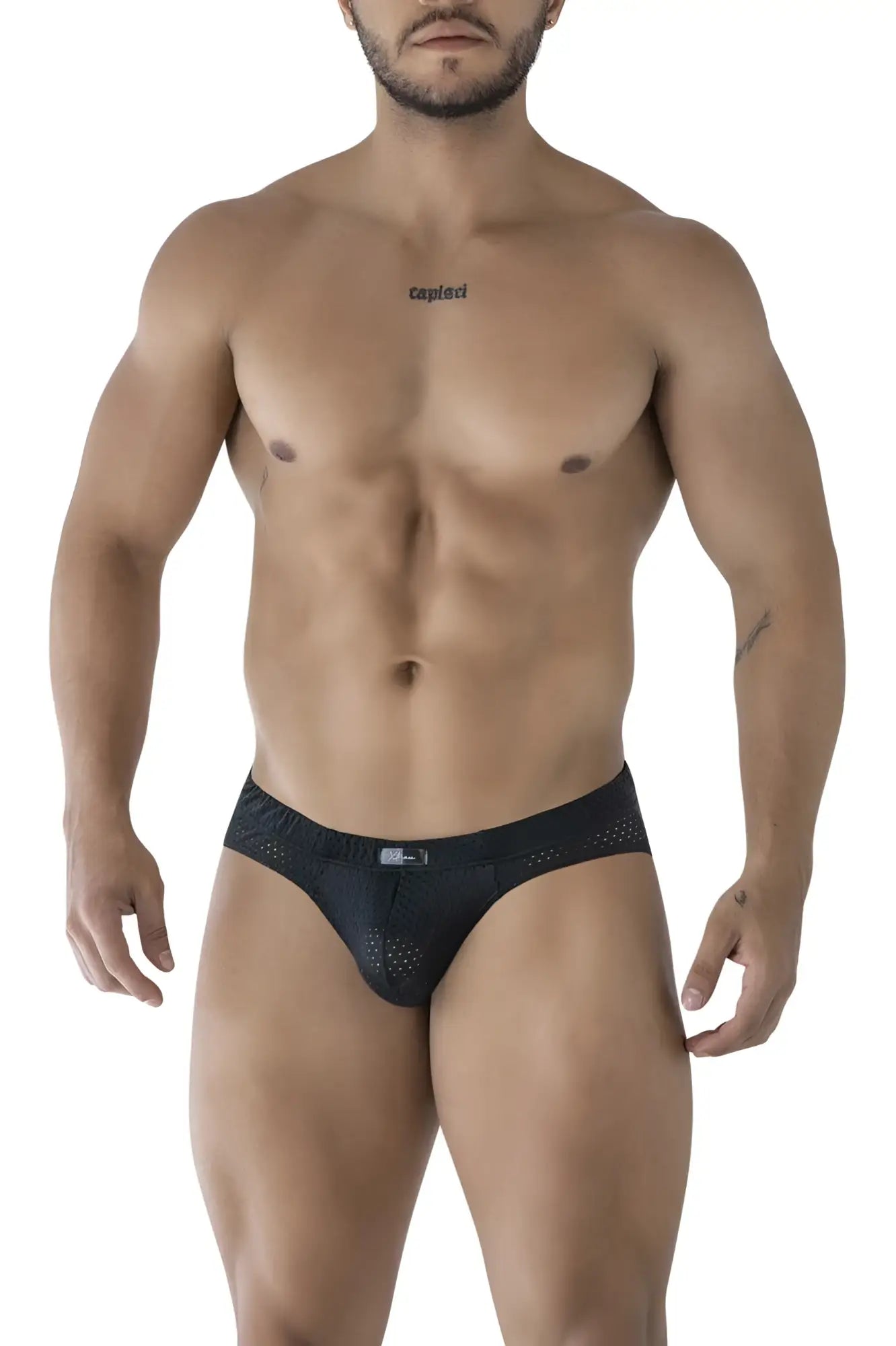 Xtremen 91213B black microfiber briefs with black mesh fabric and a subtle logo on the waistband