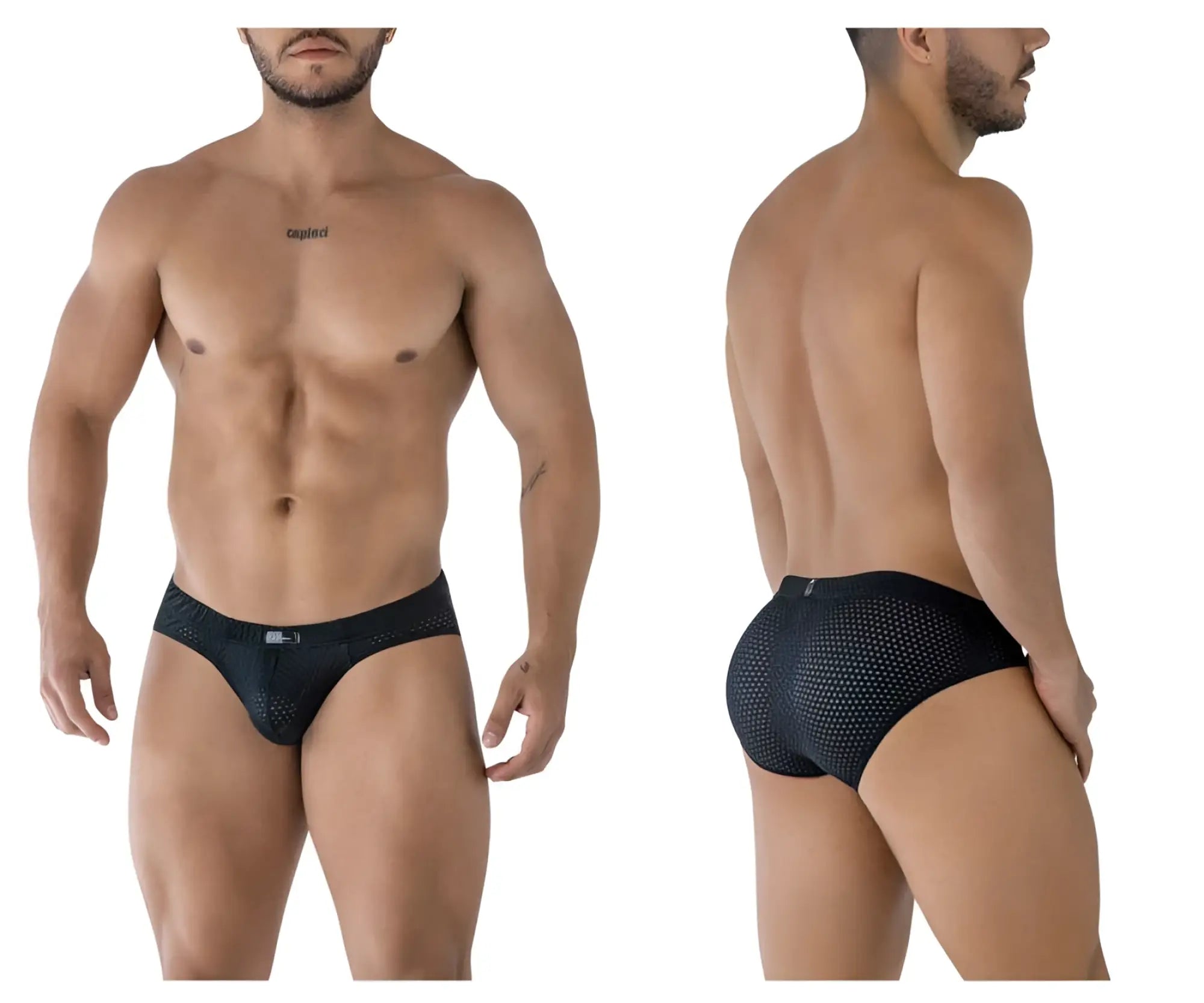 Xtremen 91213B black microfiber briefs with black mesh, subtle pattern, and small waistband logo visible from front