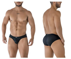 Xtremen 91213B black microfiber briefs with black mesh, subtle pattern, and small waistband logo visible from front