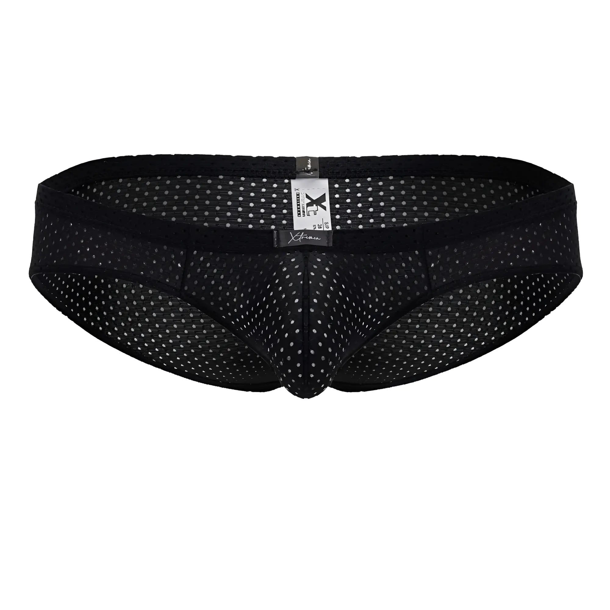 Xtremen 91213b microfiber briefs in black featuring black mesh fabric with white dot pattern and elastic waistband