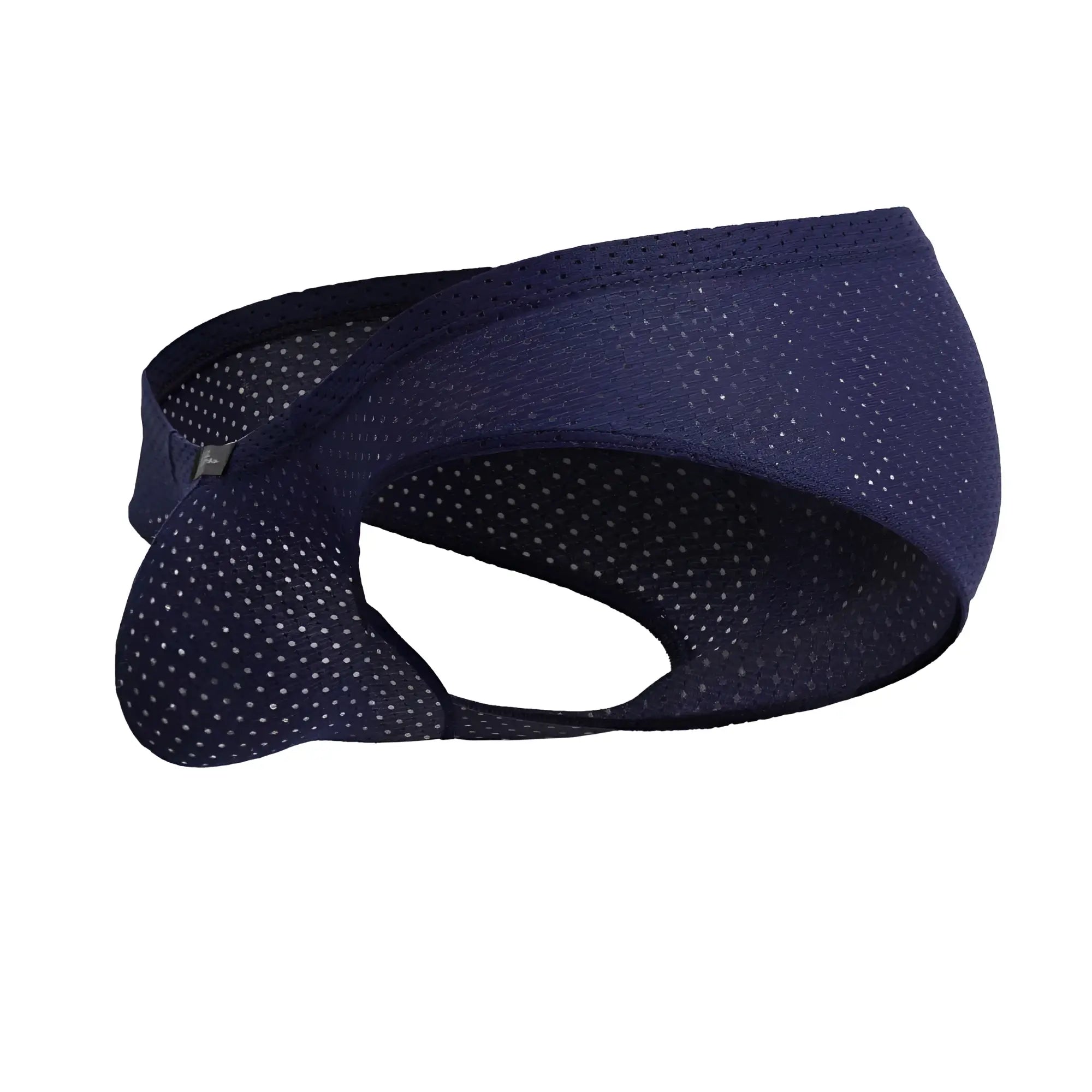 Navy blue mesh athletic supporter brief with subtle white dot pattern made of microfiber for active wear