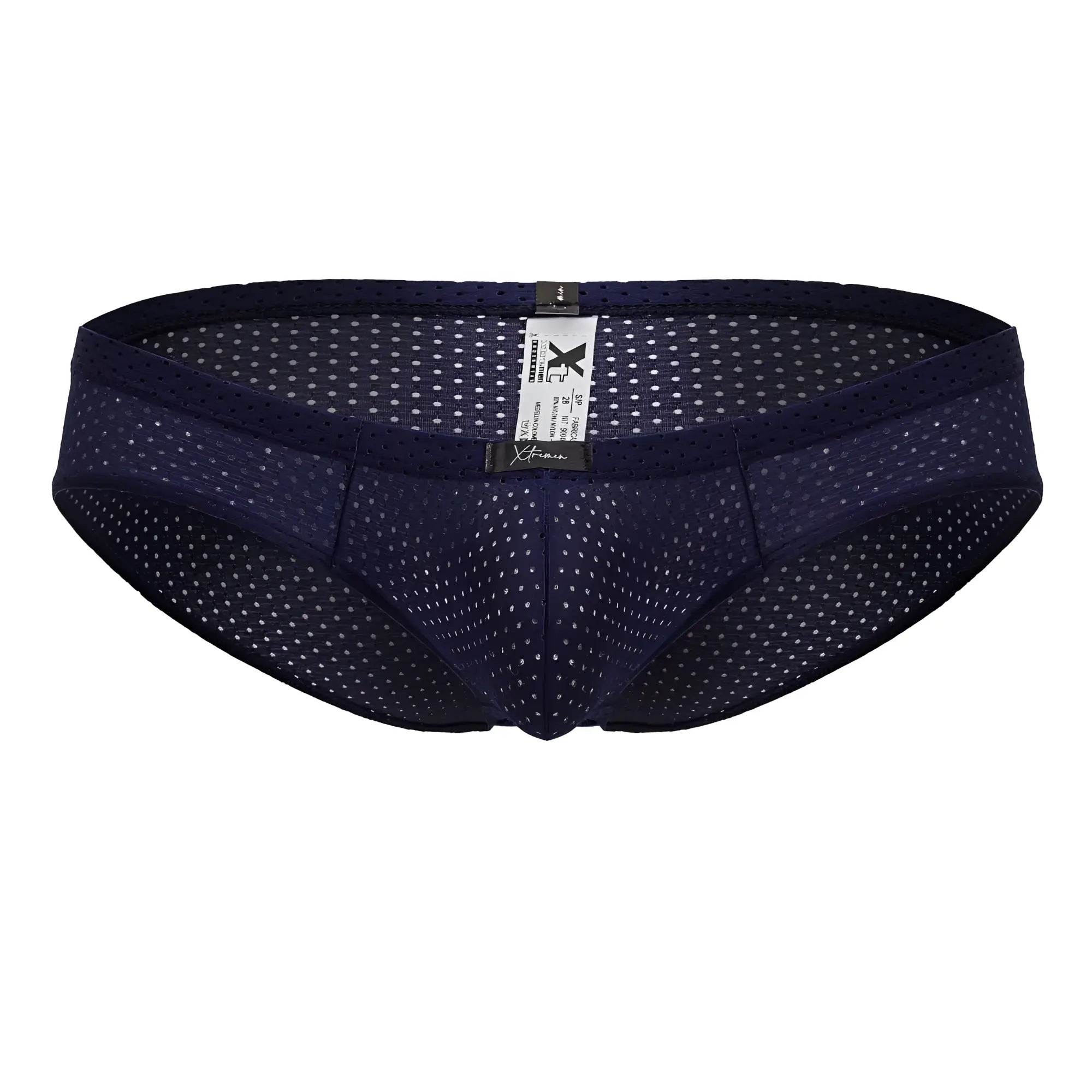 Xtremen 91213B navy microfiber briefs with dark blue mesh fabric white dot pattern and elastic waistband