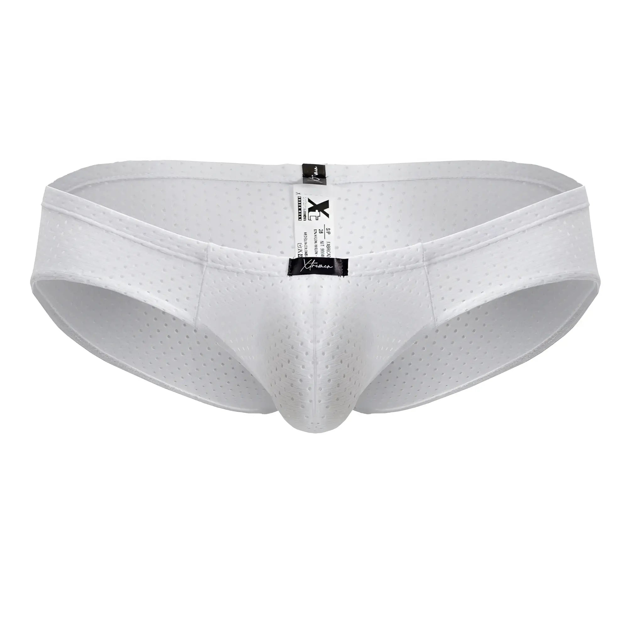White xtremen 91213b microfiber briefs with perforated mesh fabric central seam and black brand tags
