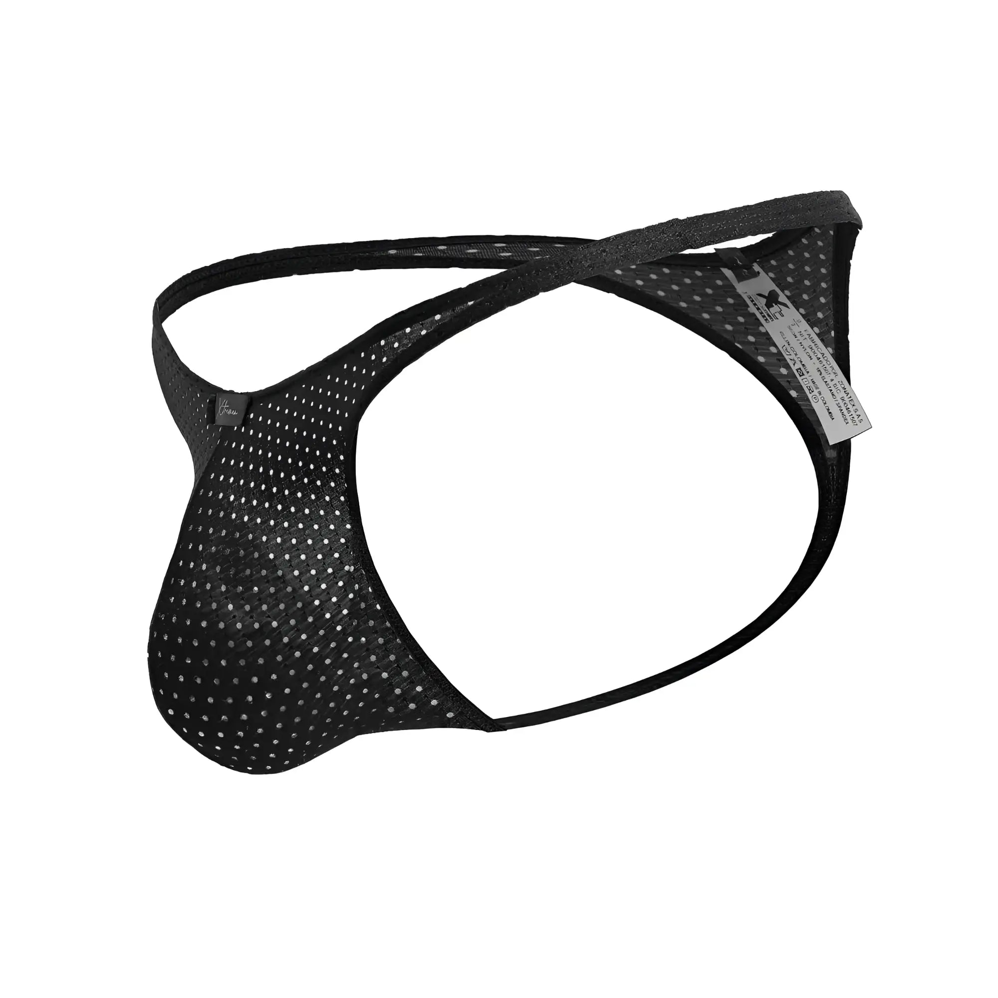 Xtremen 91214B microfiber black thong with black mesh jockstrap back and silver dot pattern reinforced straps