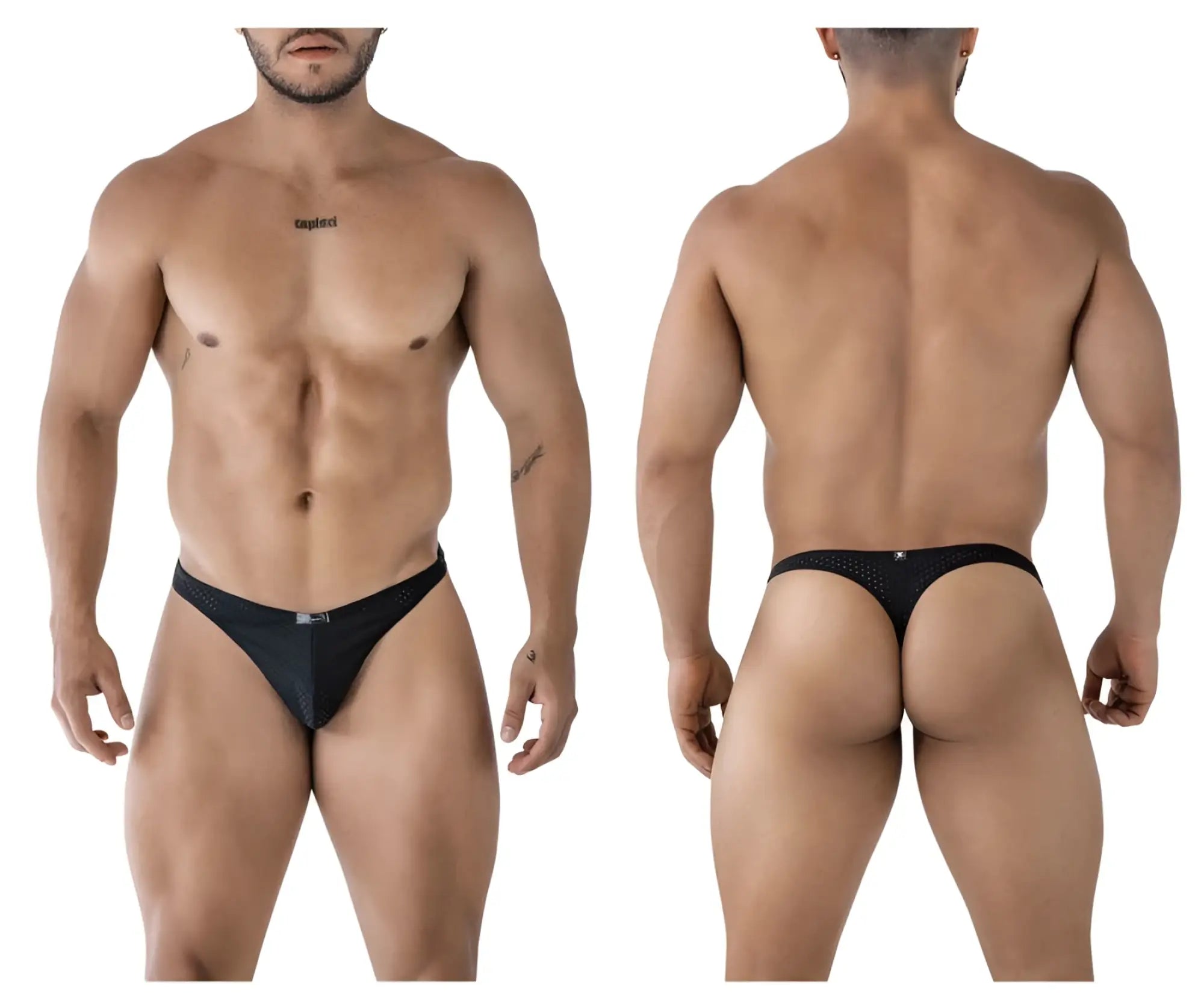 Black xtremen 91214b microfiber thong with mesh fabric and small logo on front and back sides