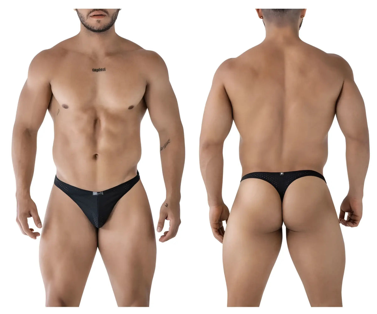 Black xtremen 91214b microfiber thong with mesh fabric and small logo on front and back sides
