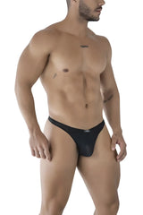 Black xtremen 91214b microfiber thong with mesh fabric and small logo on waistband shown from the back side