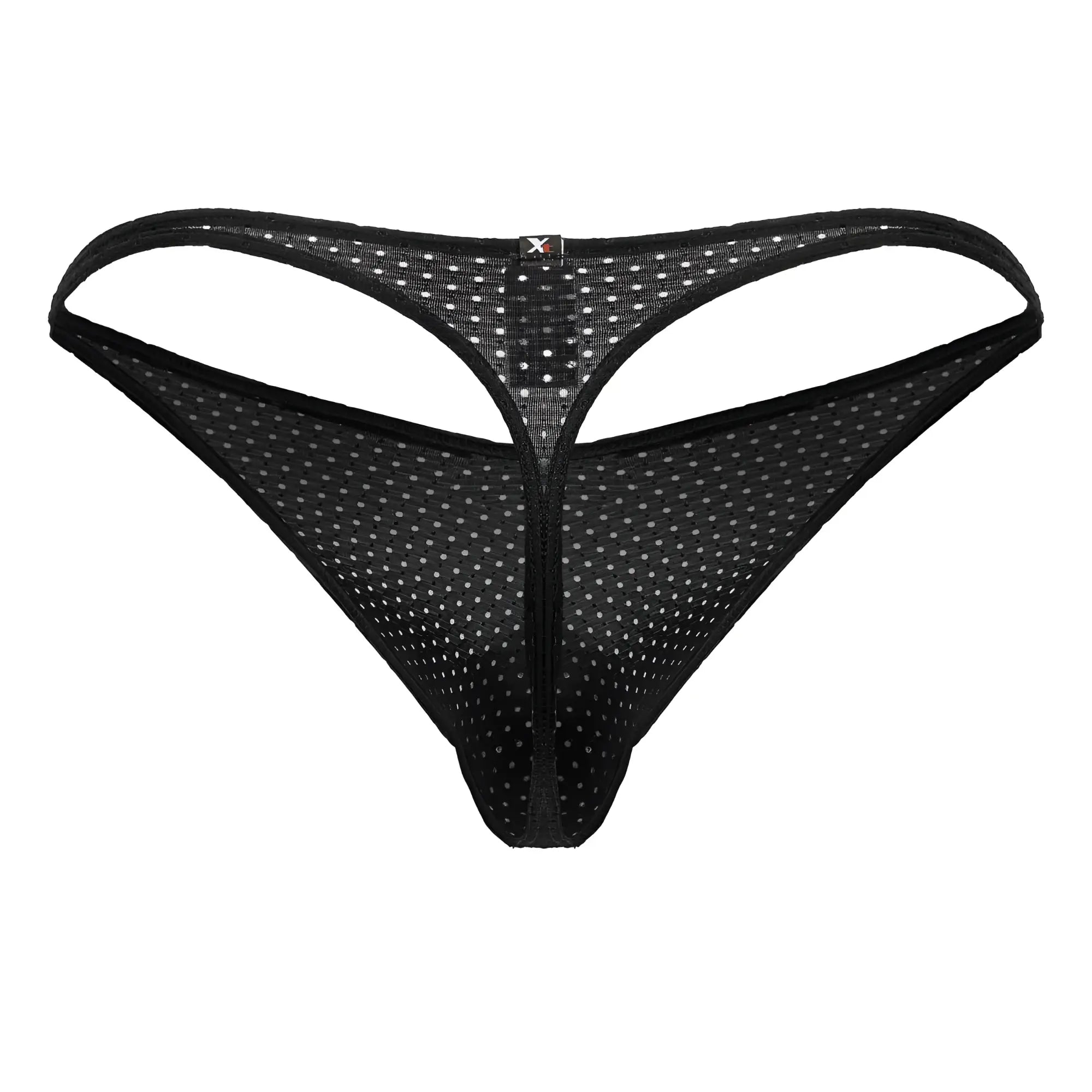 Black Xtremen 91214B microfiber thong in mesh with white polka dots and a central zipper detail