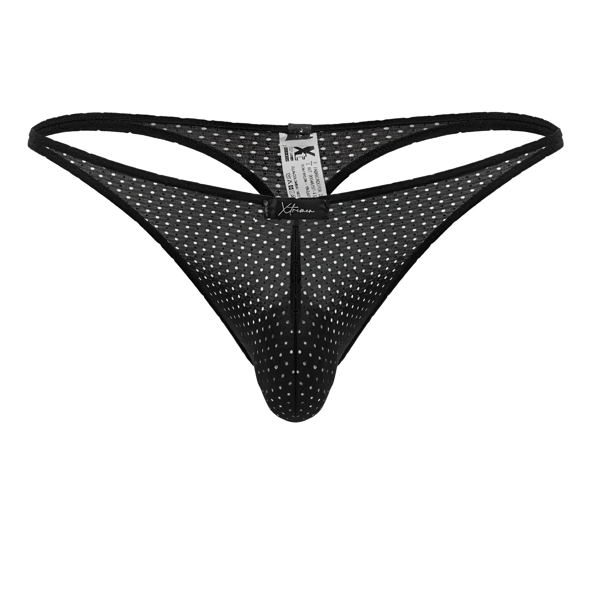 Xtremen 91214B microfiber black mesh thong with white polka dots and central zipper front detail