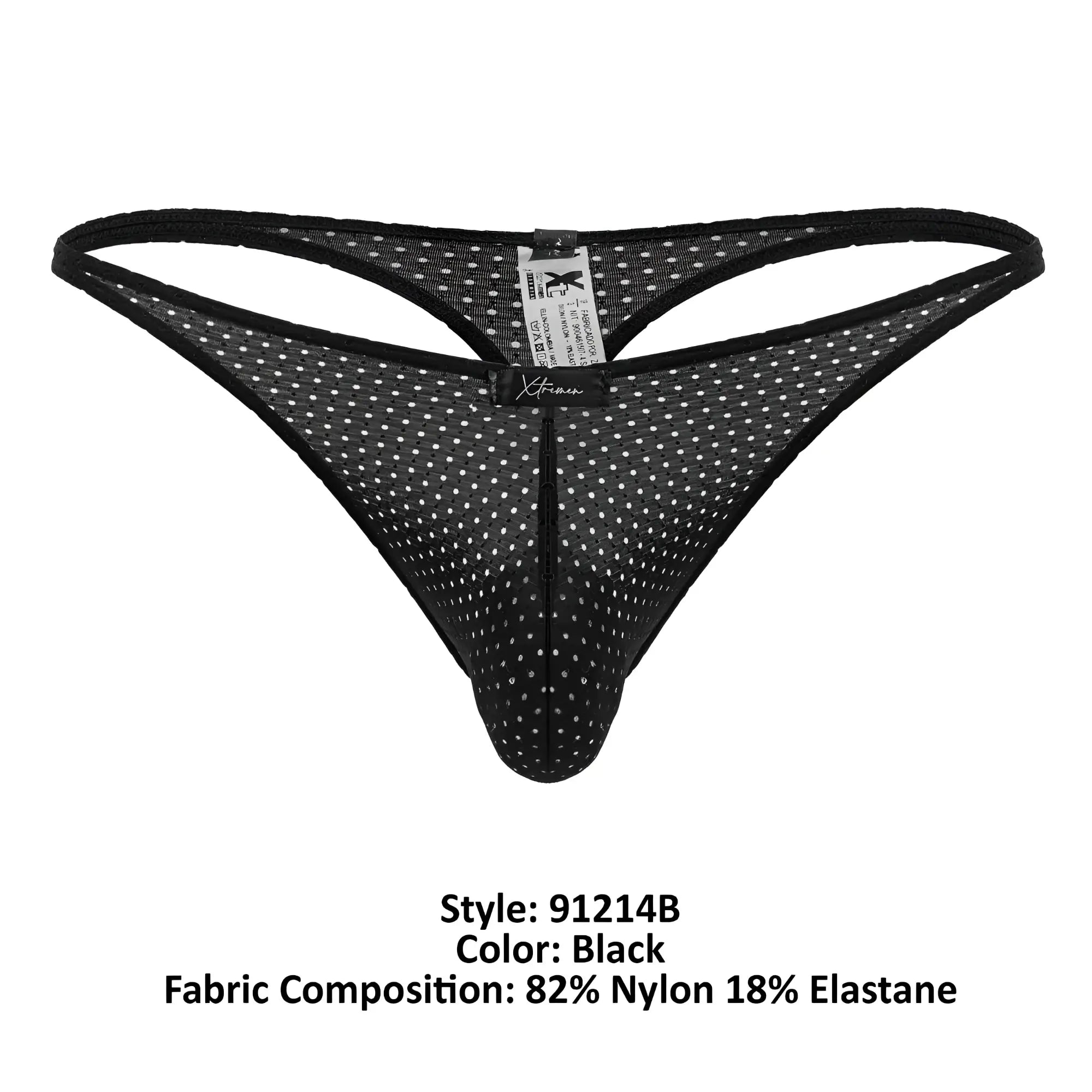 Xtremen 91214B microfiber thong in black mesh with white polka dots and a central zipper detail