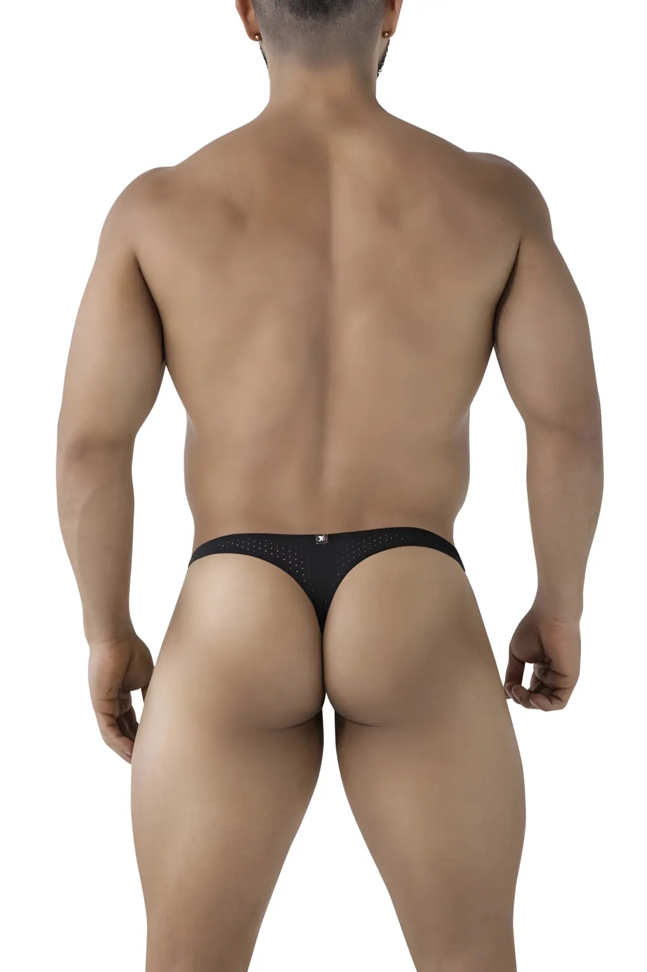 Black xtremen 91214b microfiber thong back side showing perforated mesh fabric and small logo on backband