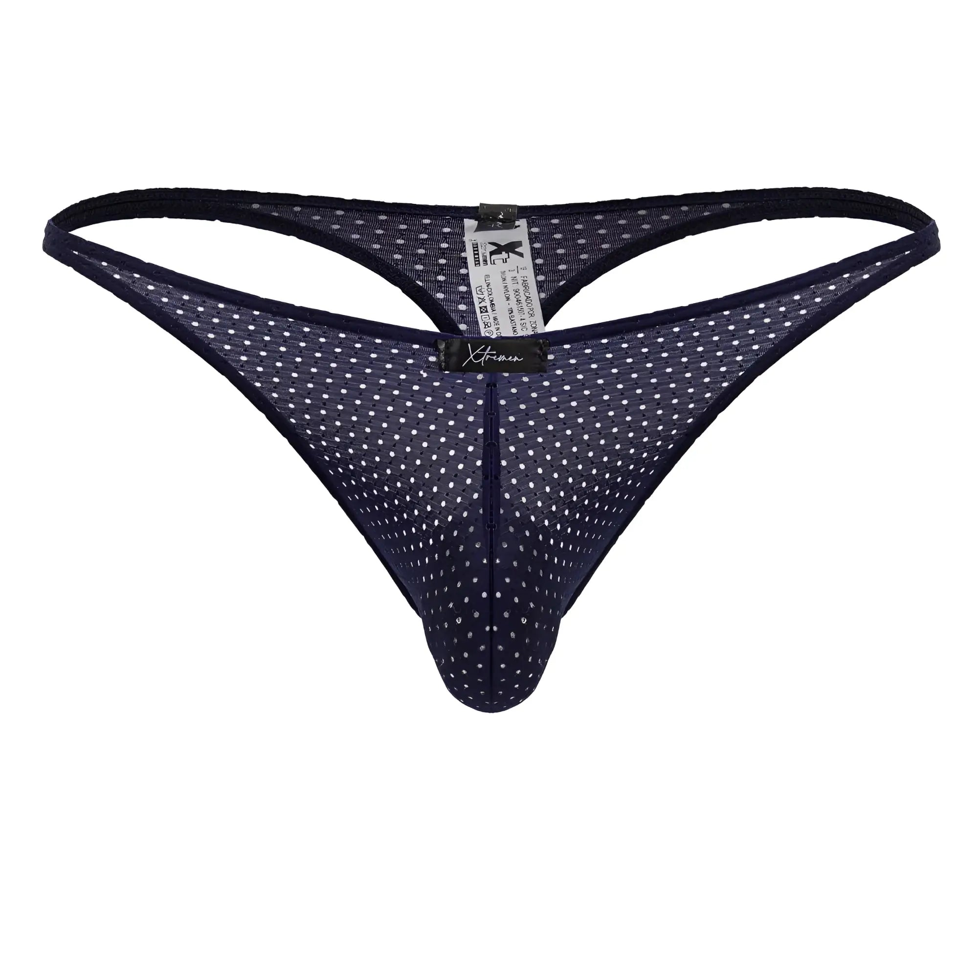 Dark blue Xtremen 91214B microfiber thong with white polka dots mesh and black brand tag visible on front side