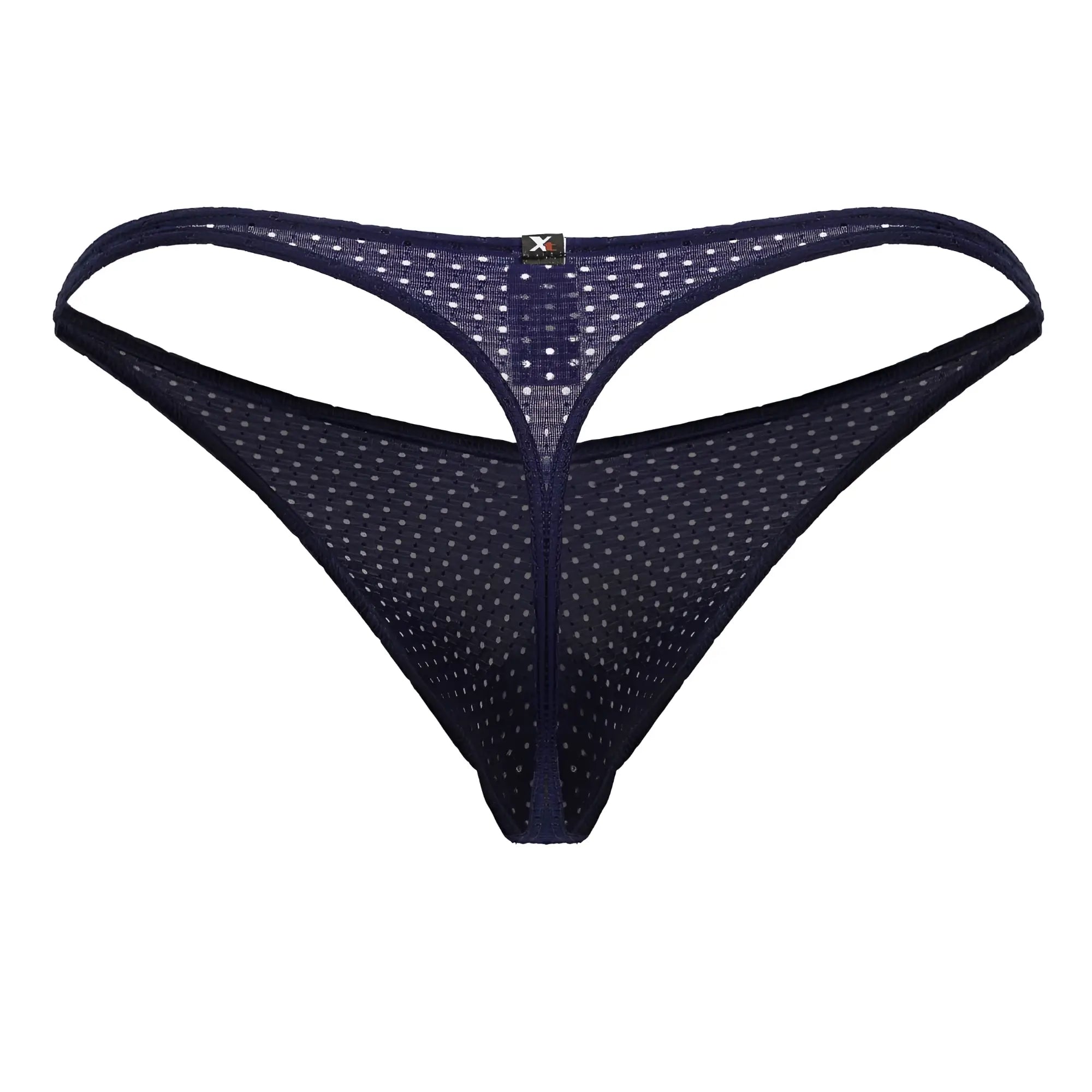 Dark blue xtremen 91214b microfiber thong back side with white polka dots and small black logo at center back