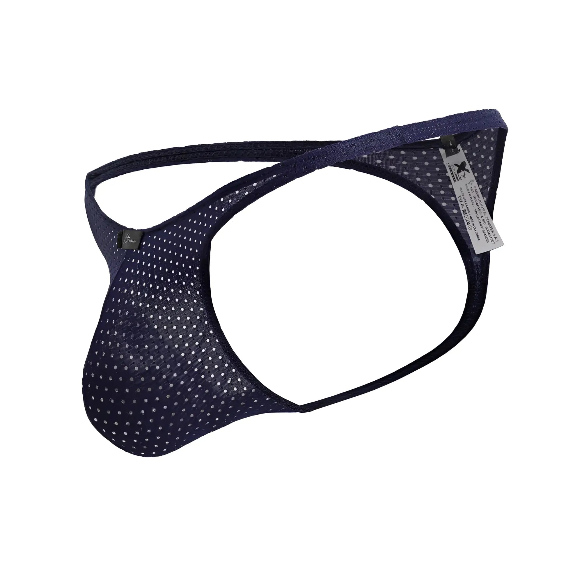 Dark blue xtremen 91214b microfiber thong with white polka dots mesh and subtle glittery finish