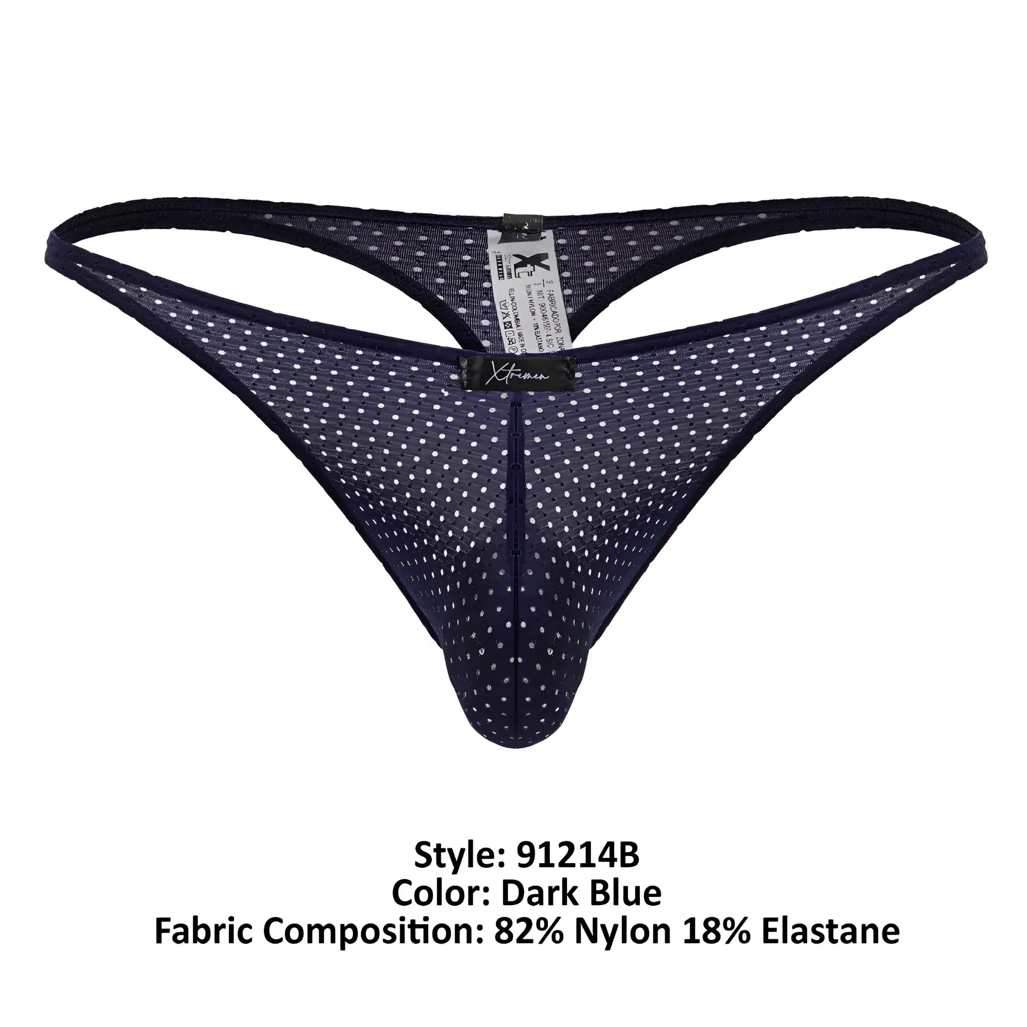 Dark blue Xtremen 91214B microfiber thong with white polka dots mesh and black elastic waistband front view