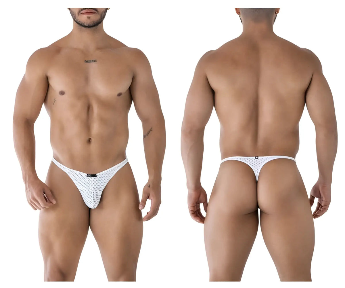 White xtremen 91214b microfiber thong with mesh fabric and small black logo on the waistband